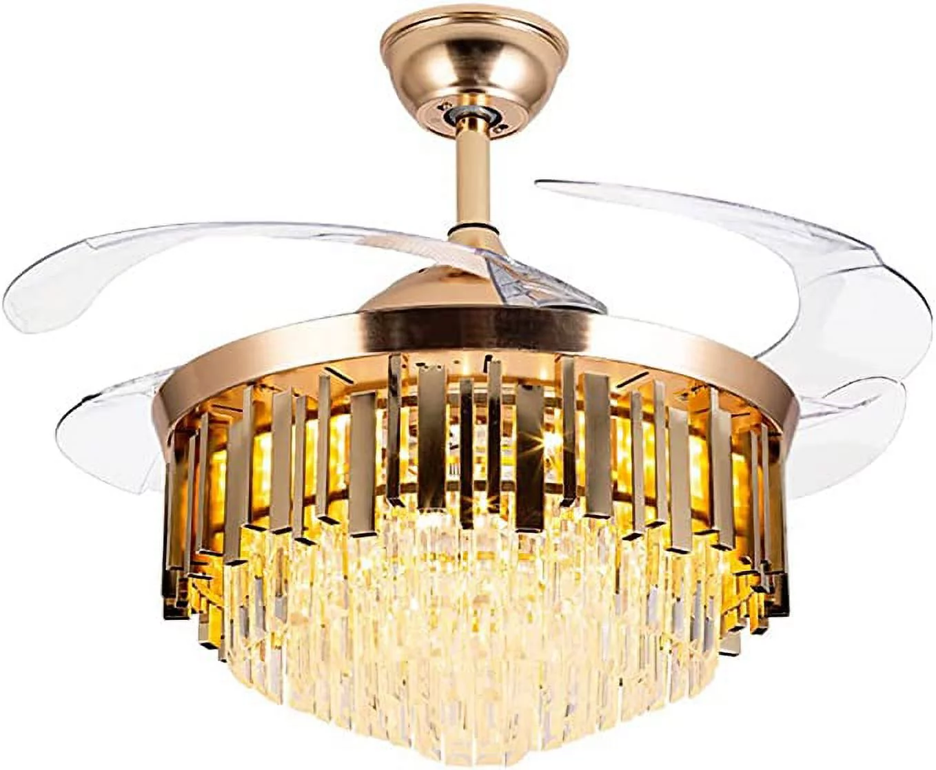 KPIBEST Dimmable Fandelier Crystal Chandelier Ceiling Fans, Gold fandelier Invisible Retractable Blades, 42' Chandelier Ceiling Fan with LED Light for Living Room Dining Room