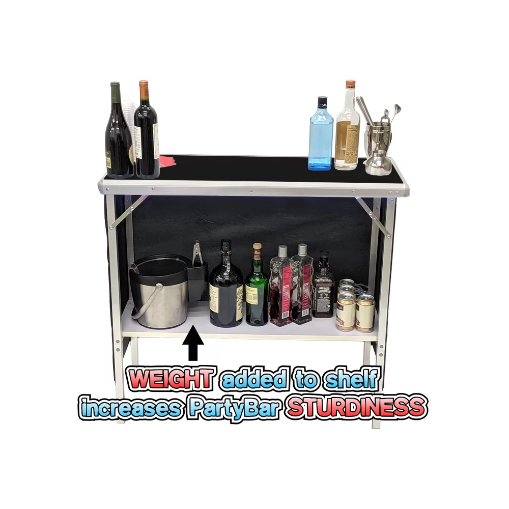 Black Folding Portable Party Bar with Storage Shelf, Carrying Bag, & 2 Skirts (40' L x 36' H) - Single