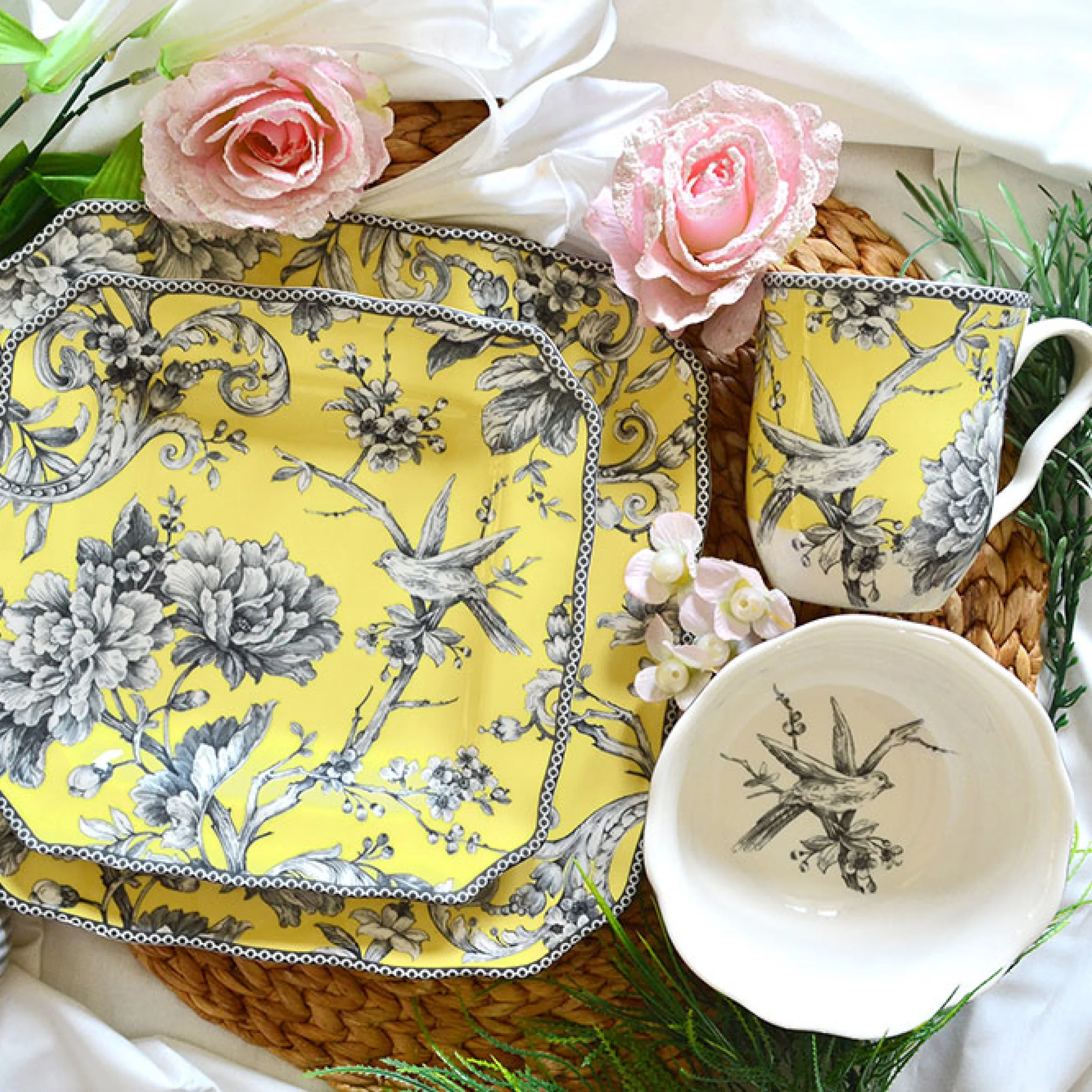 222 Fifth Adelaide Square Porcelain Dinnerware, 16-Piece Set, Yellow Toile