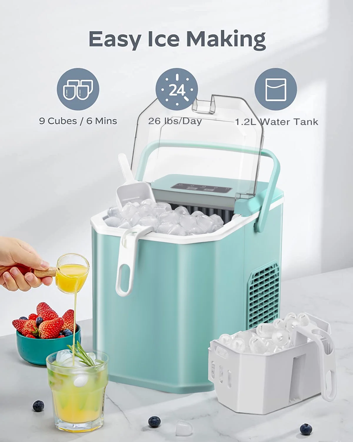 KISSAIR Countertop Ice Maker, Self-cleaning Portable Ice Maker Machine with Handle and Ice Scoop, Bullet Ice Cubes, 9Pcs/8Min 26Lbs/24H for Home/Office/Bar/Party (Green)