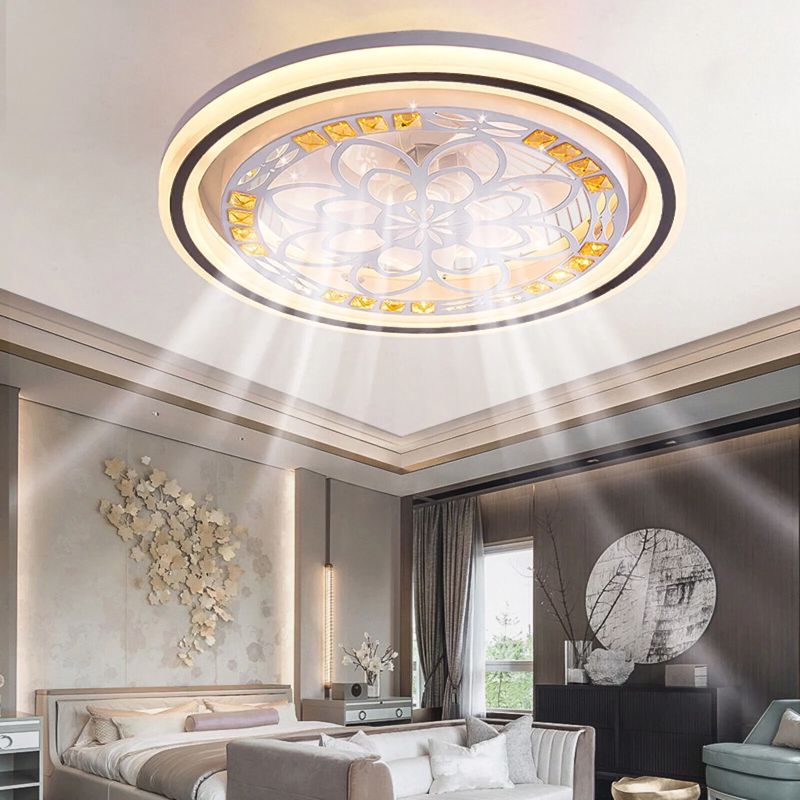 20inch Modern Enclosed Ceiling Fan with Light Remote Control 36W Timing Flush Mount Low Profile Ceiling Fan Chandelier with 7 Hidden Blade for Bedroom,3 Color 3 Speed,Round