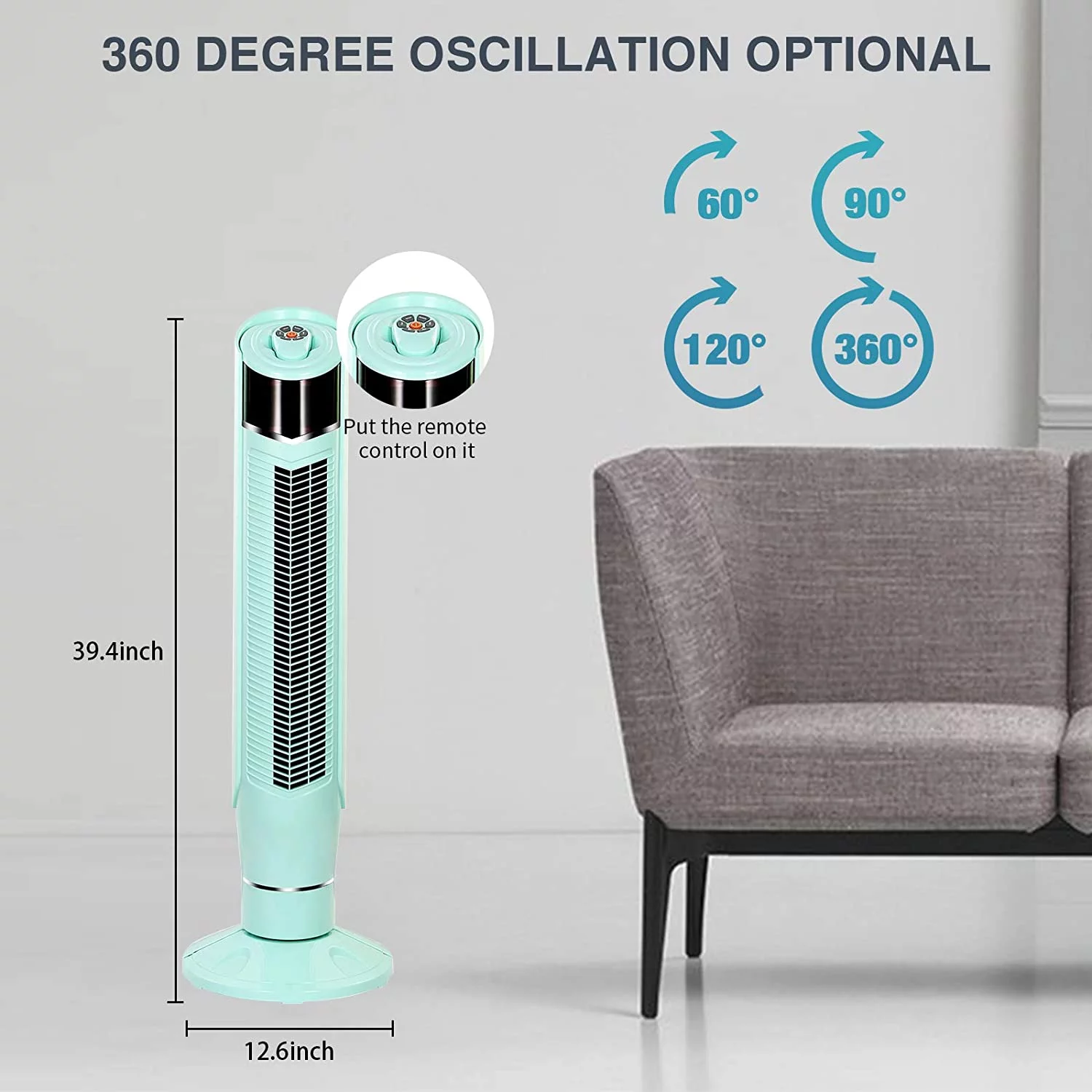 Auseo Tower Fan, Standing Fan Oscillating, Room Fan, Portable Bladeless, Quiet Floor Fan with Remote, 6 Speeds, 3 Modes, 24H Timer for Bedroom, and Home Office Use, (40-inch, Green)