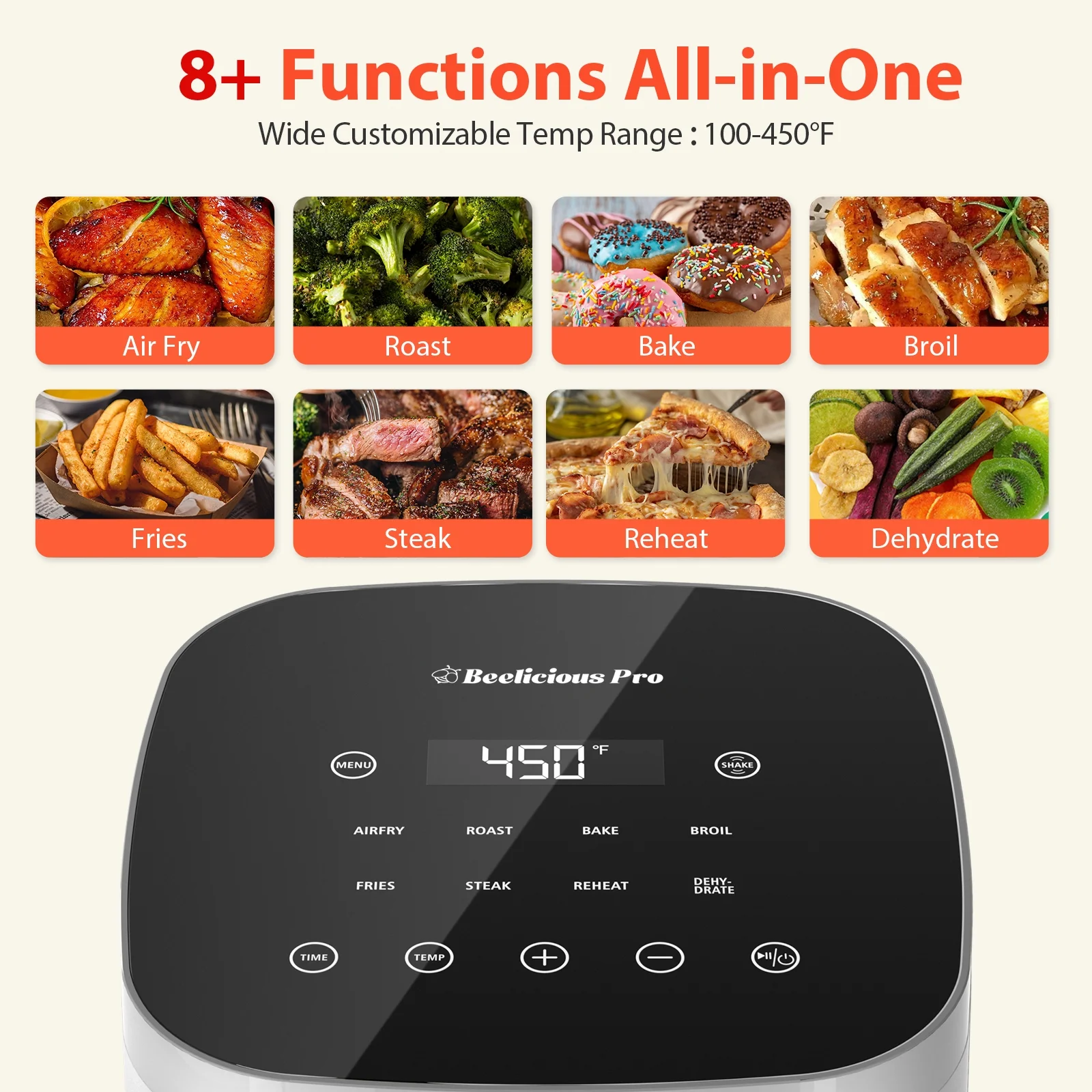 Air Fryer, Beelicious 8-in-1 Smart Compact 4QT Air Fryers with Shake Reminder, 450��F Digital Airfryer with Flavor-Lock Tech, Dishwahser-Safe&Nonstick, Tempered Glass Disaplay, Fit for 2-4 People,White