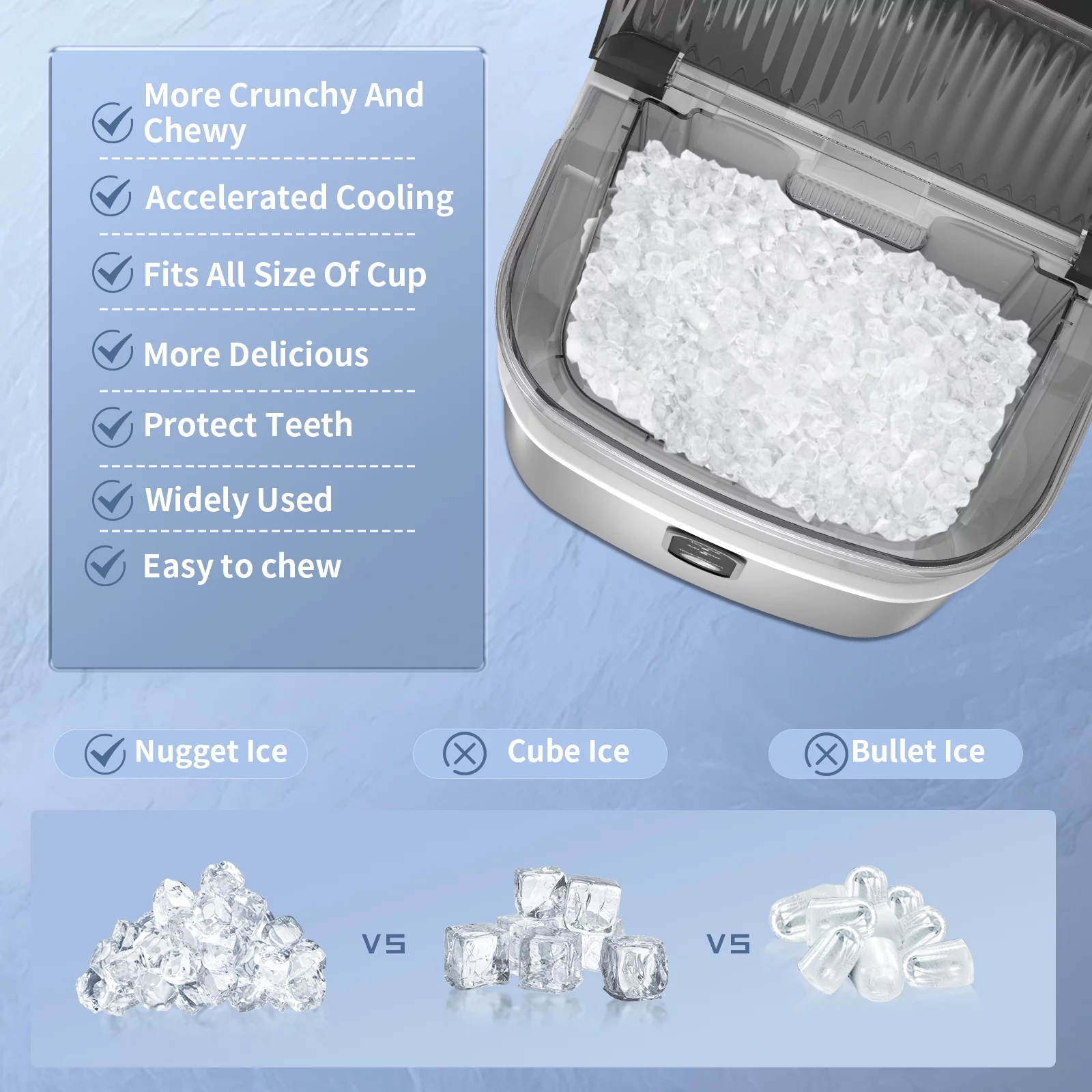 Auseo Nugget Ice Maker Countertop, Portable Ice Maker Machine with Self-Cleaning Function, 33lbs/24H, Easy Operation, Pellet Ice Maker for Home/Kitchen/Office/Party-Stainless Silver