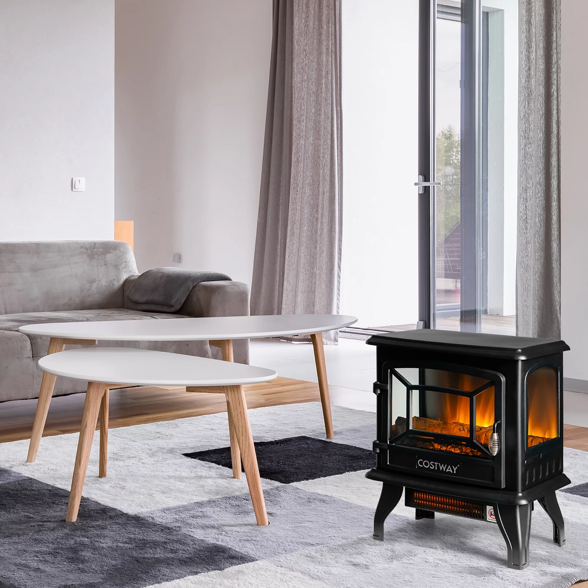 Costway 20'' Freestanding Electric Fireplace Heater Stove W/ Thermostat & Flame Effect