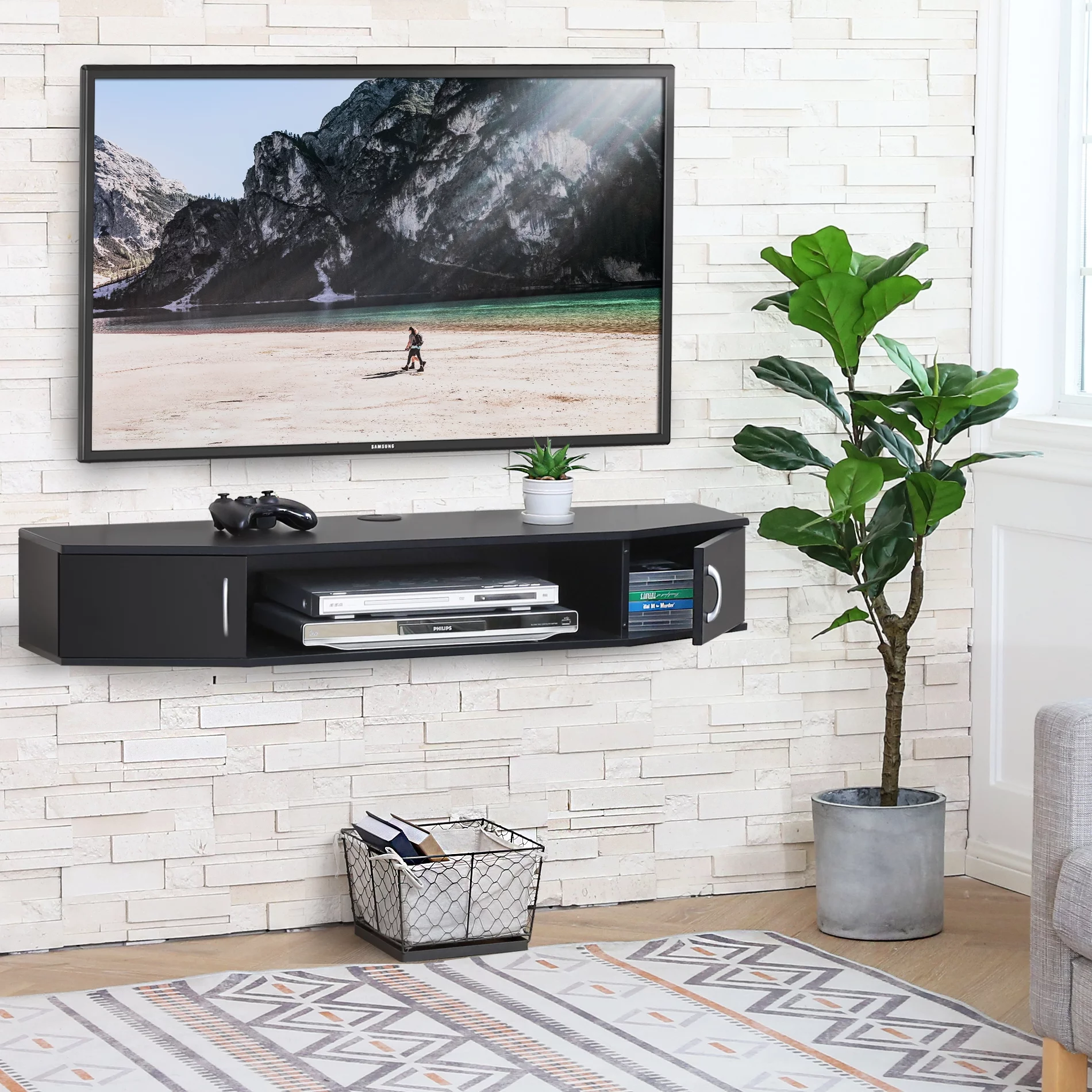 FITUEYES Wall Mounted Media Console Floating TV Stand, Storage Shelf, Black