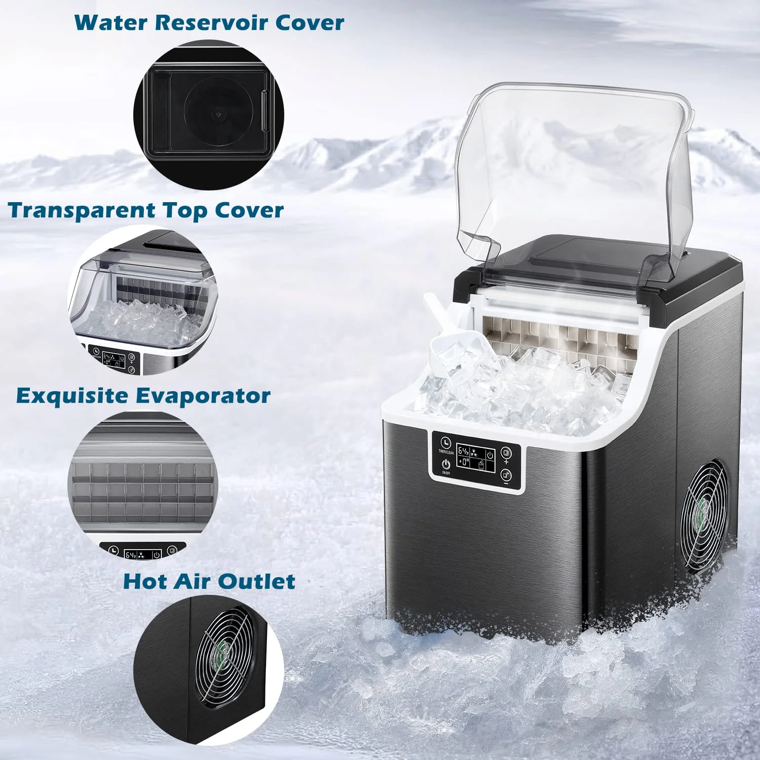 Fornido Portable Ice Maker Countertop Stainless Steel Ice Maker Machine 44Lbs/24H 24Pcs Ice Cubes Ready in 12 Mins with Auto Self-cleaning(Black)