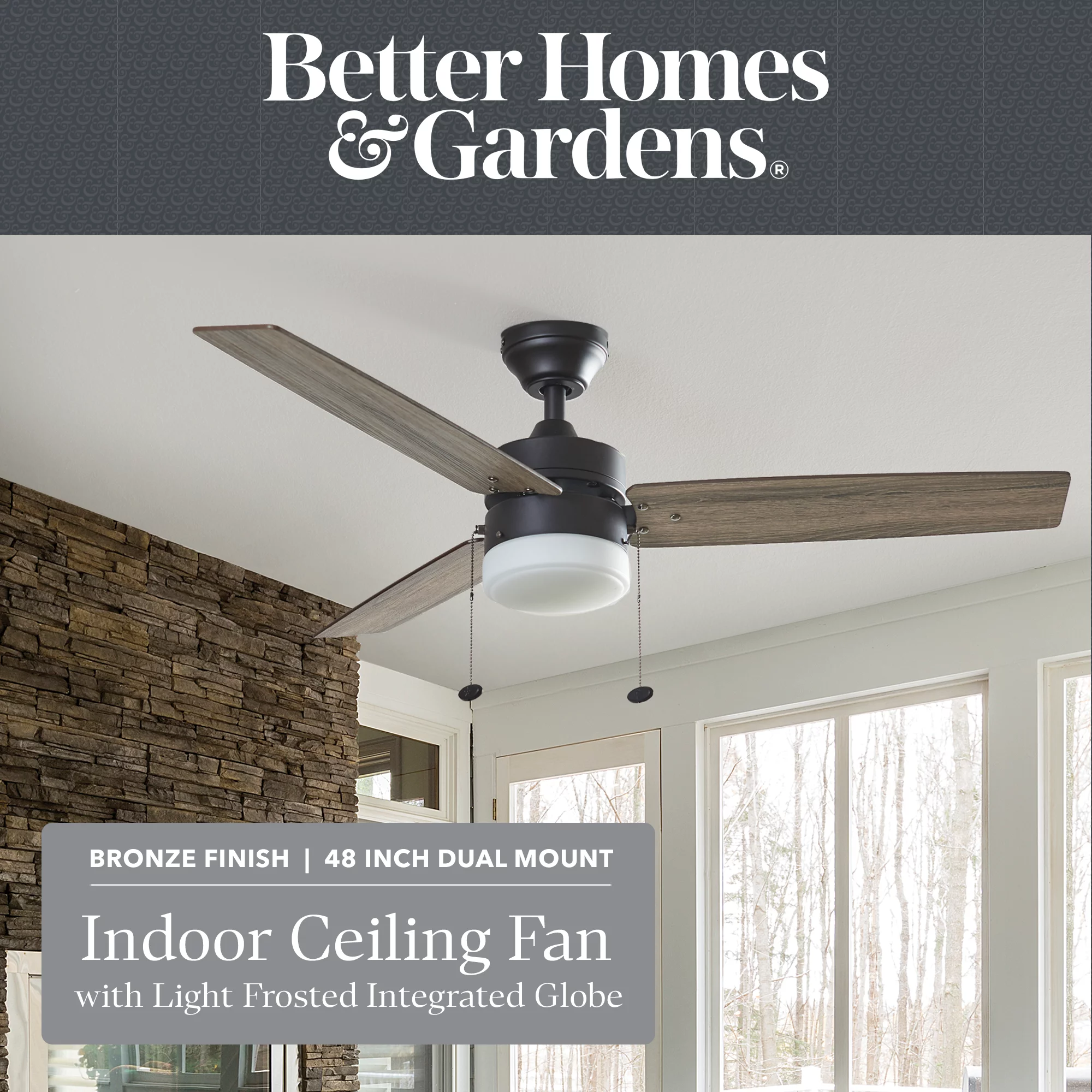 Better Homes & Gardens Olson 48' Bronze Indoor Ceiling Fan with Light, 3 Blades, Pull Chains & Reverse Airflow