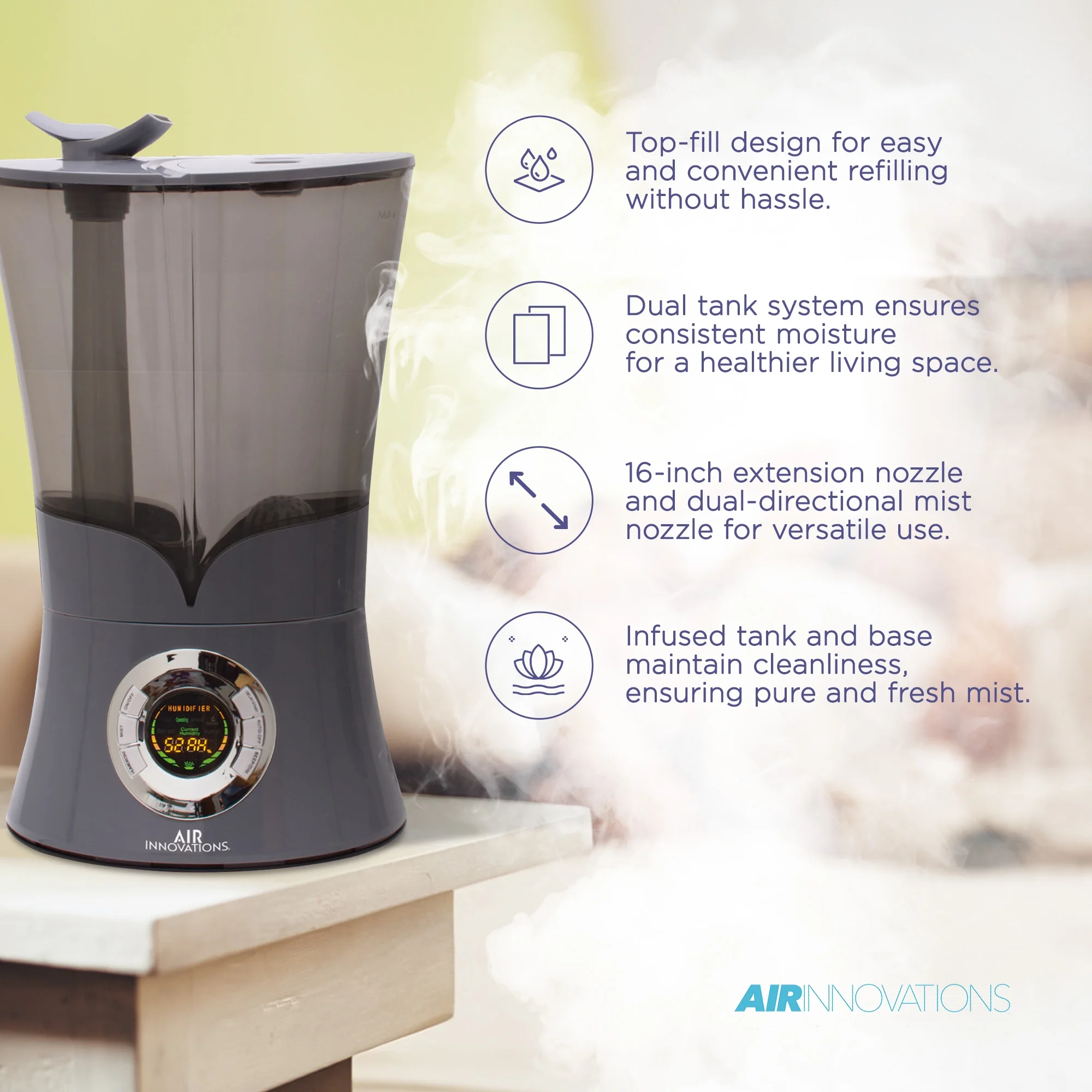 Air Innovations 700sq ft Ultrasonic Cool Mist Top Fill Humidifier, Platinum
