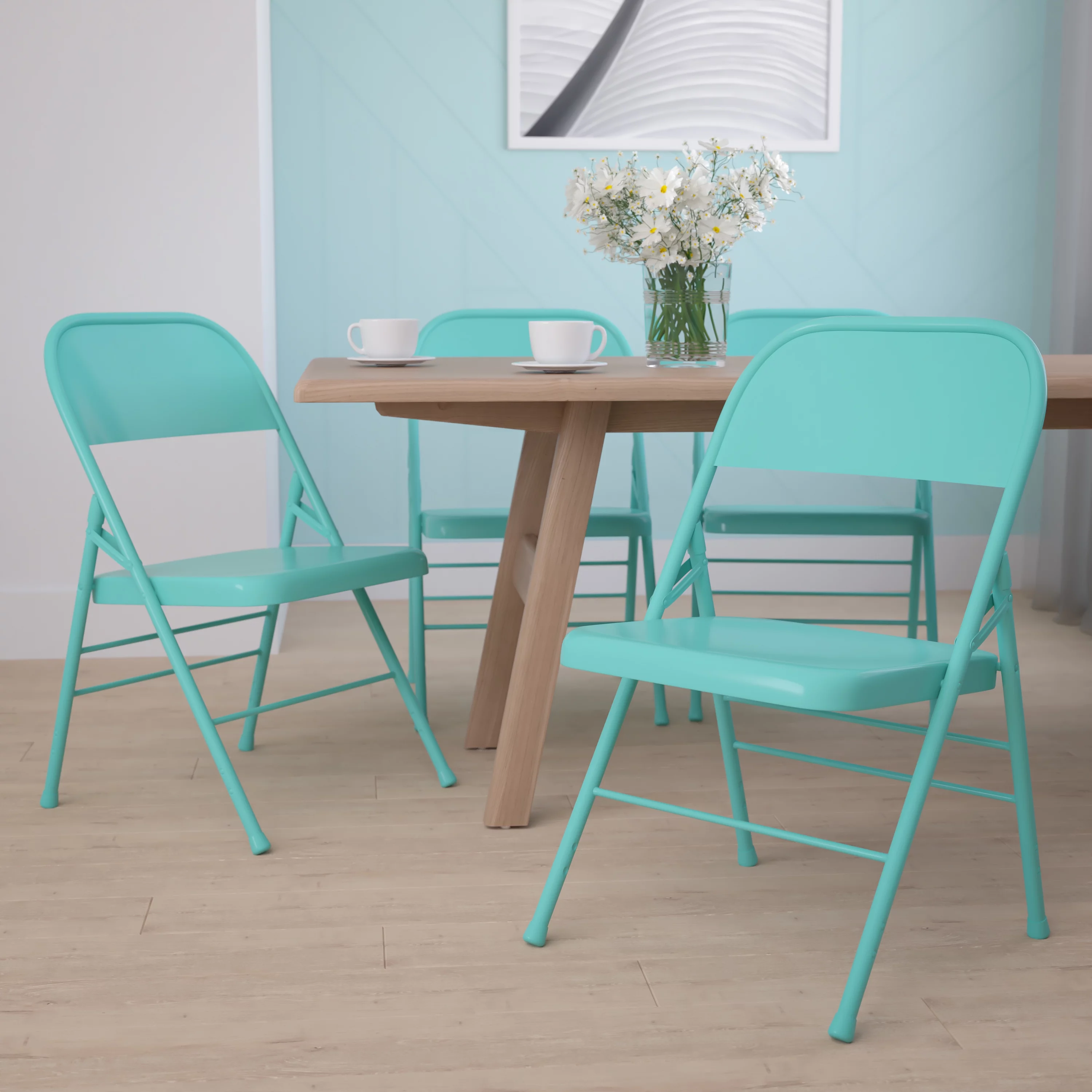 Flash Furniture 4 Pack HERCULES COLORBURST Series Tantalizing Teal Triple Braced & Double Hinged Metal Folding Chair