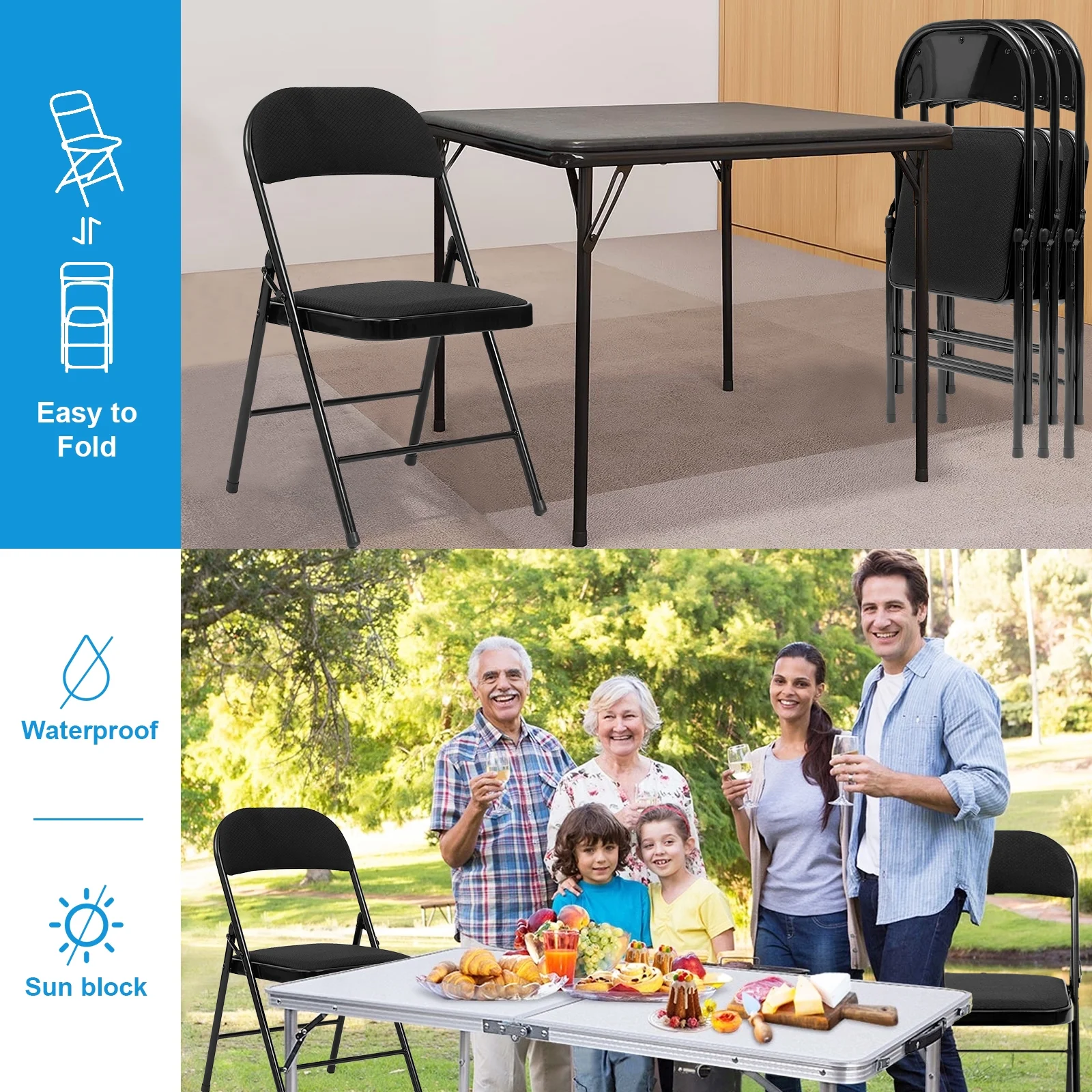 HONGGE Folding Chairs with Padded Seats - 6 Pack Fabric Padded Folding Chair with Steel Frame for Events Office Wedding Party, Indoor and Outdoor, 350 LBS Capacity (Black, Set of 6)