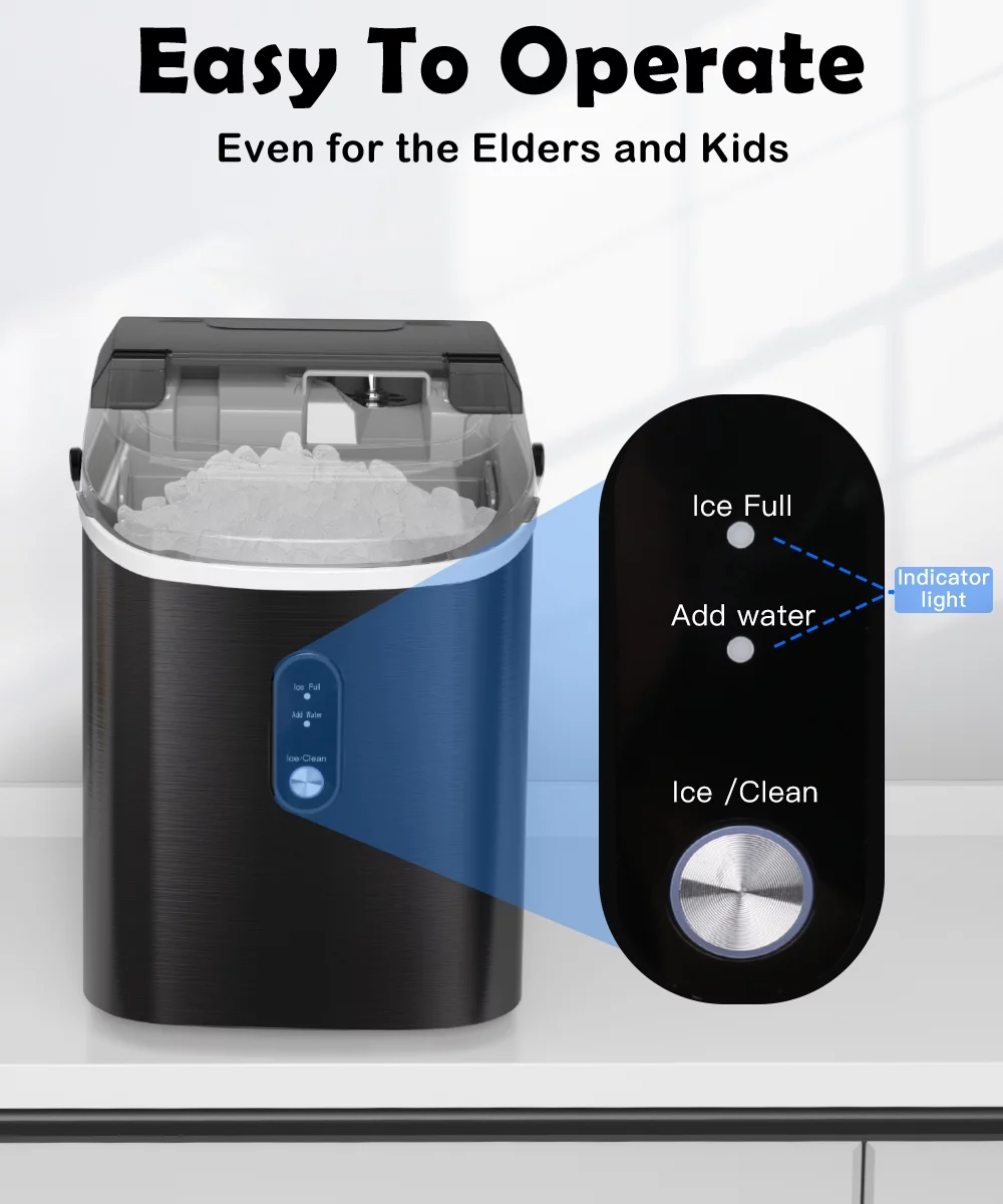 Besttey 33lbs Countertop Nugget Ice Maker, Potable with Scoop,?Soft Nugget Ice Ready in 10mins, Stainless Steel, Black