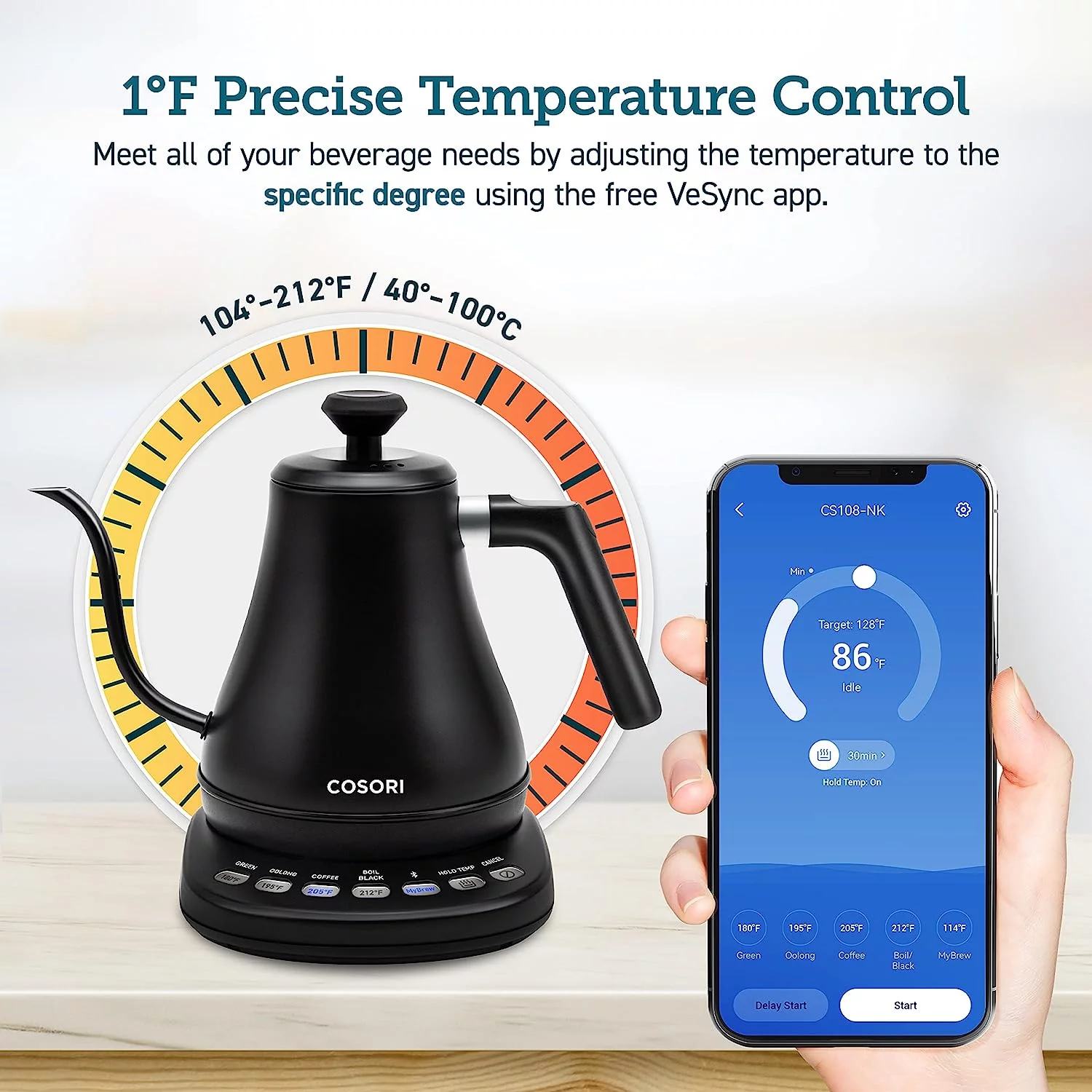 COSORI Smart Gooseneck Kettle Electric with Temperature Control, Stainless Steel , 0.8L, Black