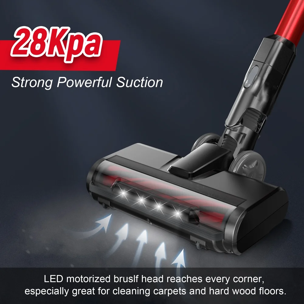 Cordless Stick Vacuum Cleaner, 28Kpa 2500mAh Rechargeable Battery Vacuum, 8-in-1 Handheld Lightweight Hardwood Floor Carpet Vacuum for Pet Hair, Up to 60min Runtime Red, V20