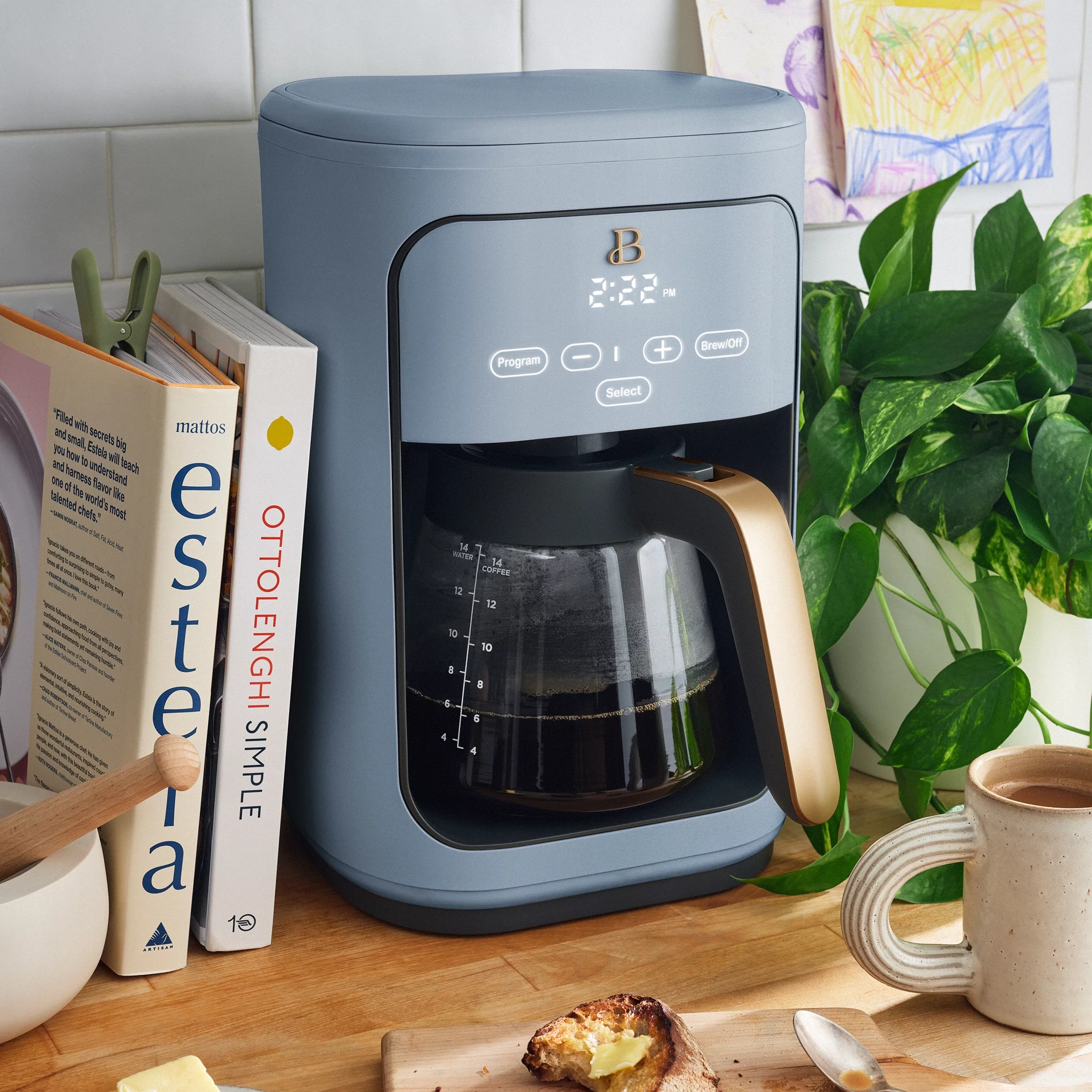 Beautiful 14-Cup Programmable Drip Coffee Maker with Touch-Activated Display, Cornflower Blue by Drew Barrymore
