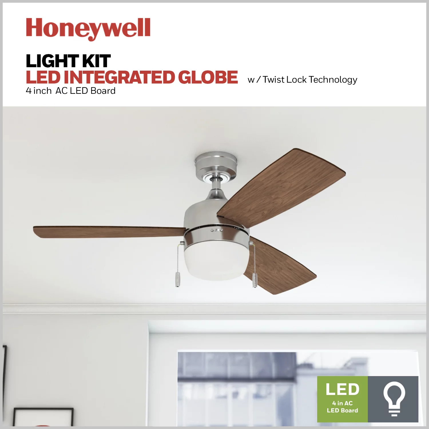 Honeywell Barcadero 44' Nickel Modern Ceiling Fan with 3 Blades, LED Light Kit, Pull Chains & Reverse Airflow