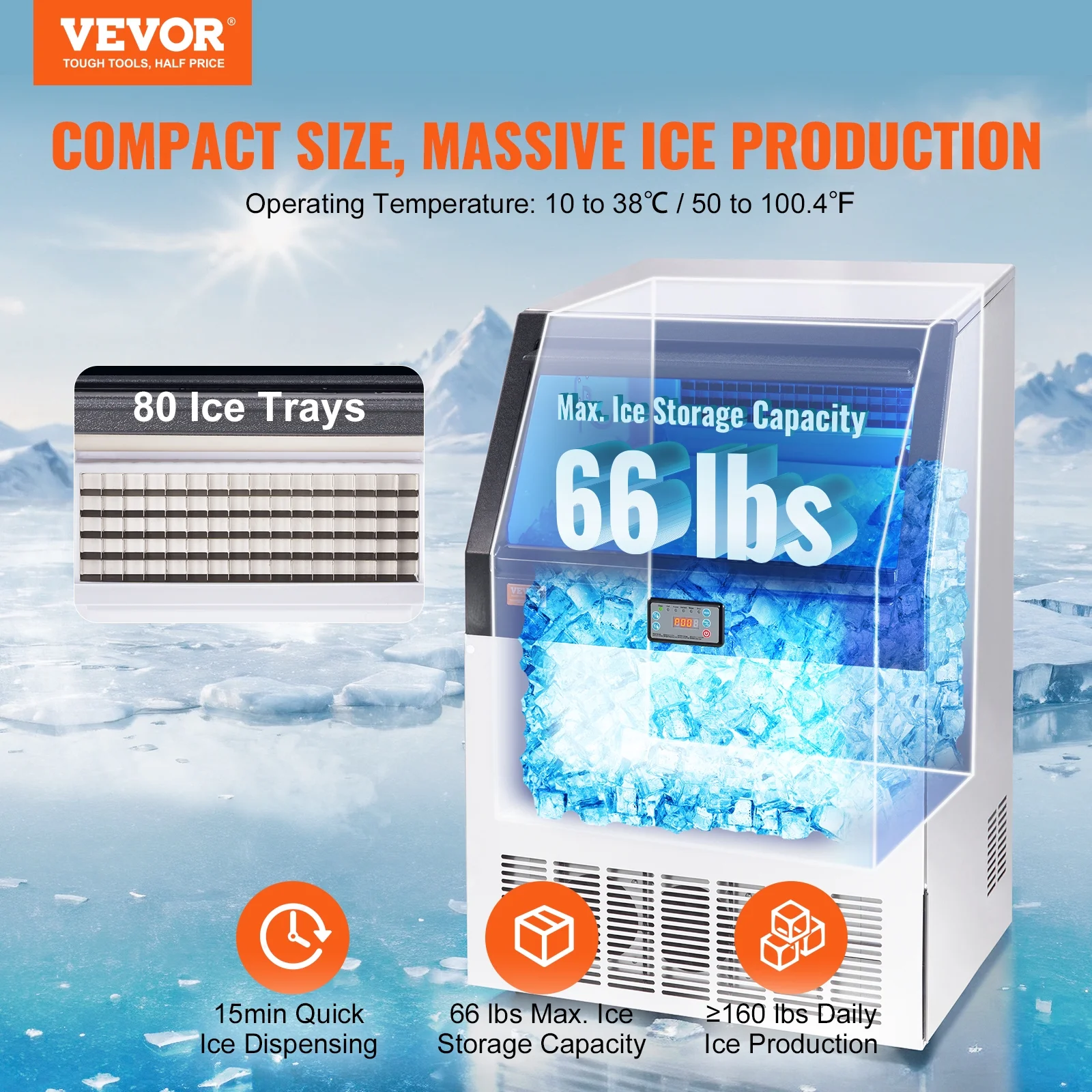 BENTISM 110V 155LBS/24H Commercial Ice Maker Auto Clear Cube Ice Making Machine