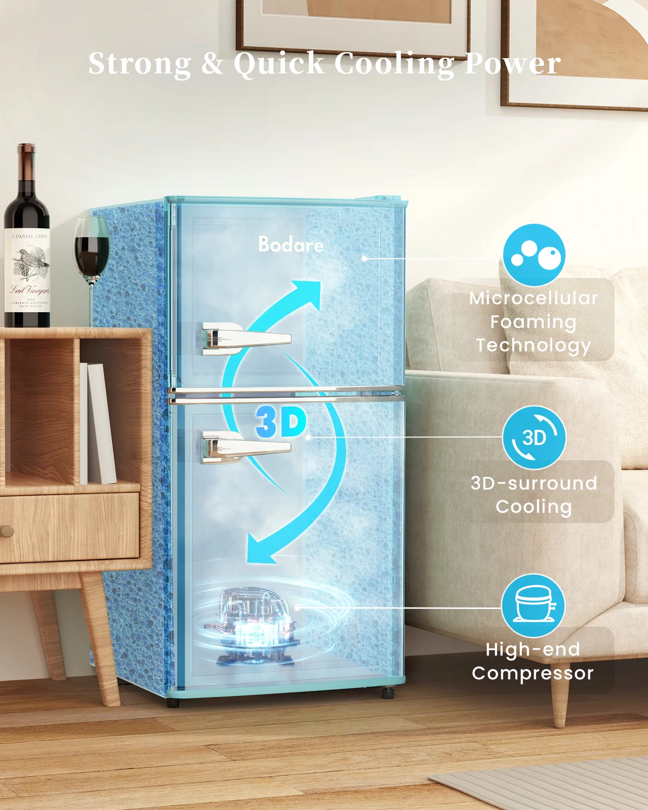 Bodare Retro Mini Fridge with Freezer: 3.2 Cu.Ft Mini Refrigerator with 2 Doors - Small Refrigerator Energy-Saving Compact Refrigerator - Small Fridge for Bedroom Dorm,Blue