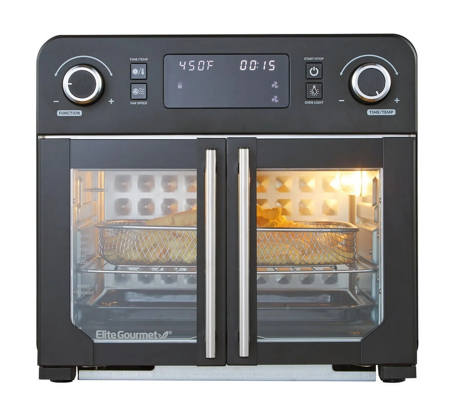 Elite Gourmet Programmable 23L French Door Air Fryer Oven with 10 Menu Functions, and Interior Light, Black