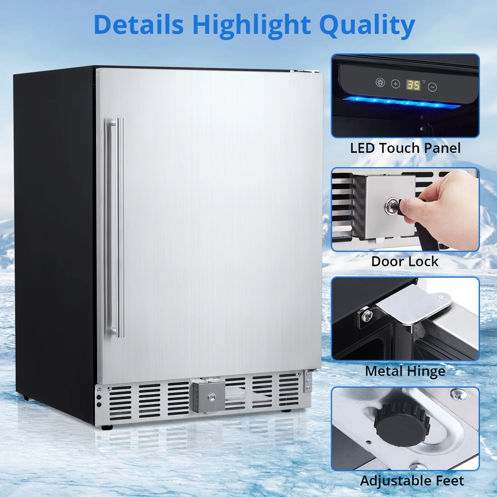 Beverage Refrigerator 15 Inch, Weather Proof Stainless Steel Beverage Fridge for Outdoor Kitchen and Patio, Indoor/Outdoor Beverage Cooler for 110 Cans, Built-in/Freestanding