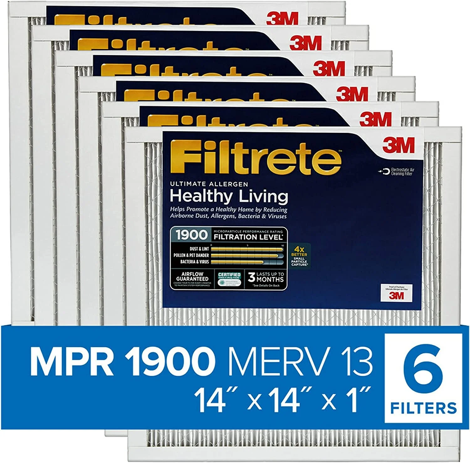 Filtrete 14x14x1, AC Furnace Air Filter, MPR 1900, Healthy Living Ultimate Allergen, 6-Pack (exact dimensions 13.81 x 13.81 x 0.78)