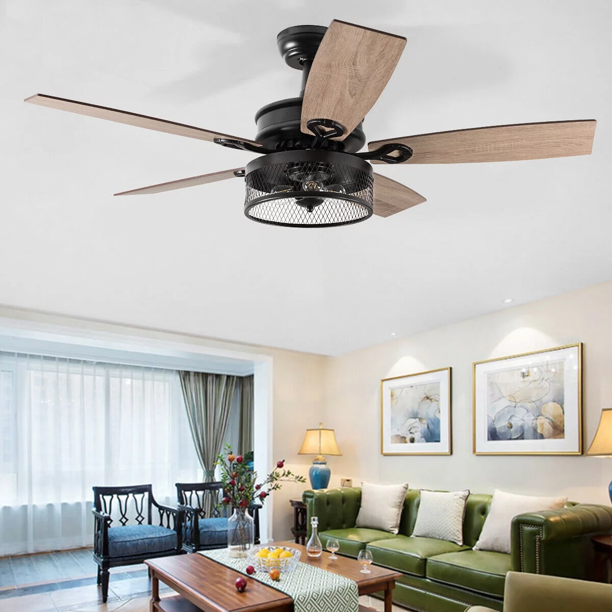 Gymax 48'' Ceiling Fan Industrial Cage Light w/ Reversible Blades Remote Control Indoor