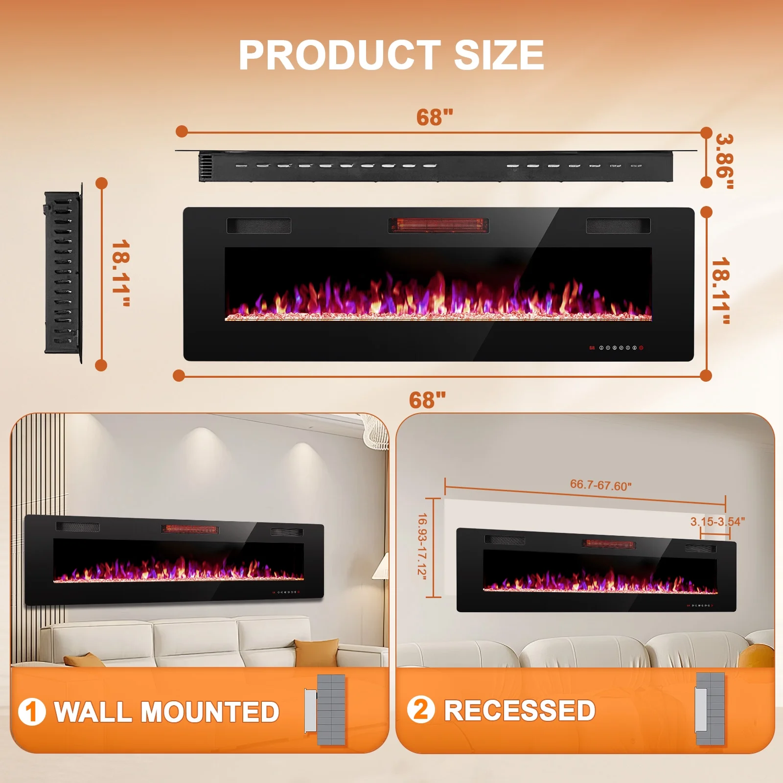 KISSAIR 68'' 1500W Wall Mounted Recessed Electric Fireplace,12 Flame Color Modes,Touch Screen & Remote Control,Ultra Thin & Low Noise