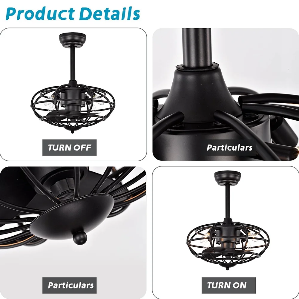 Ceiling Fan, Caged Ceiling Fan with Light, 3 Transparent Blades, 3 Wind Speeds, Timer, Remote Control, Multifunctional Ceiling Fan
