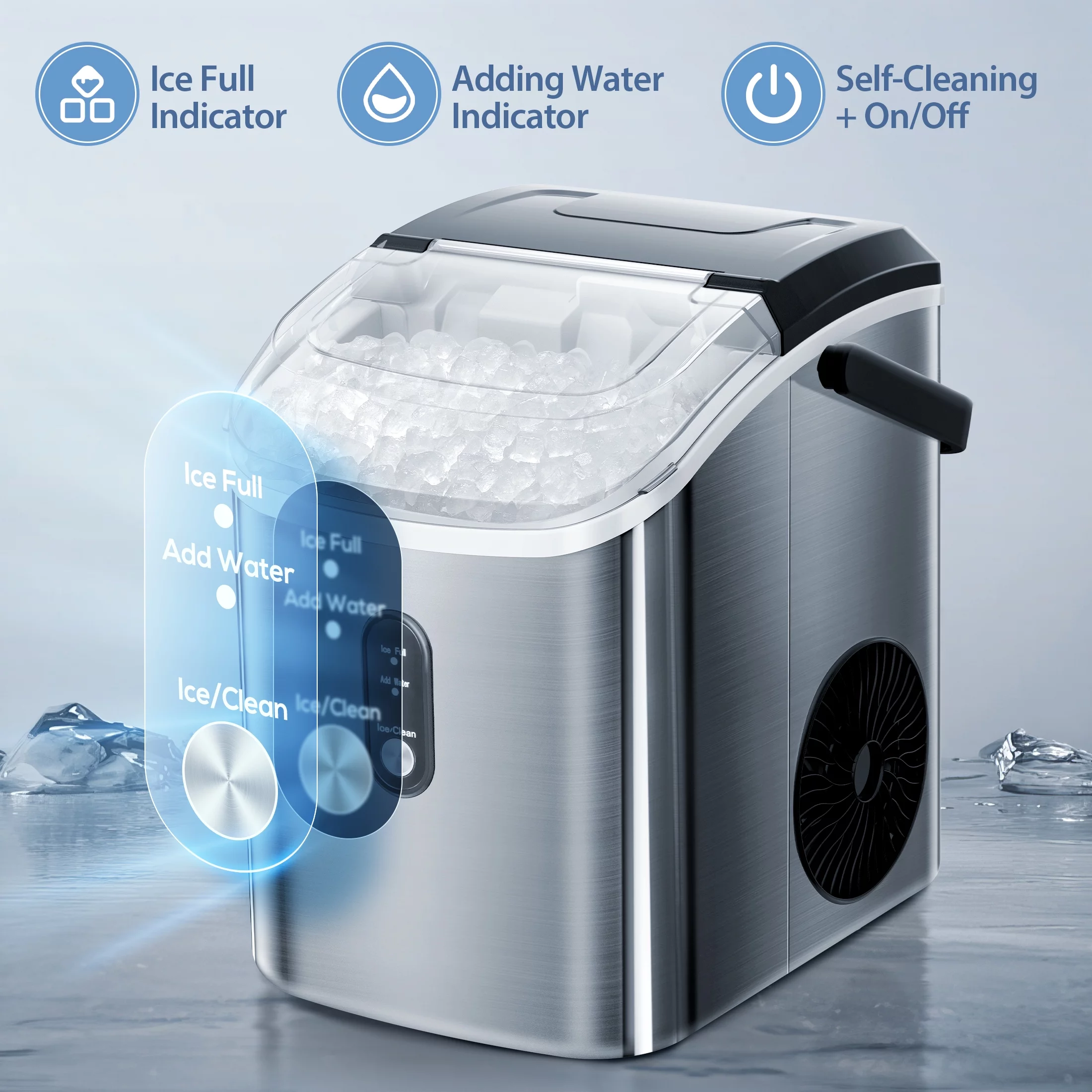 Auseo Nugget Ice Maker Countertop with Soft Chewable Pellet Ice, 33lbs/24H, Self-Cleaning Function, Stainless Steel, for Party/Kitchen/Office-Silver