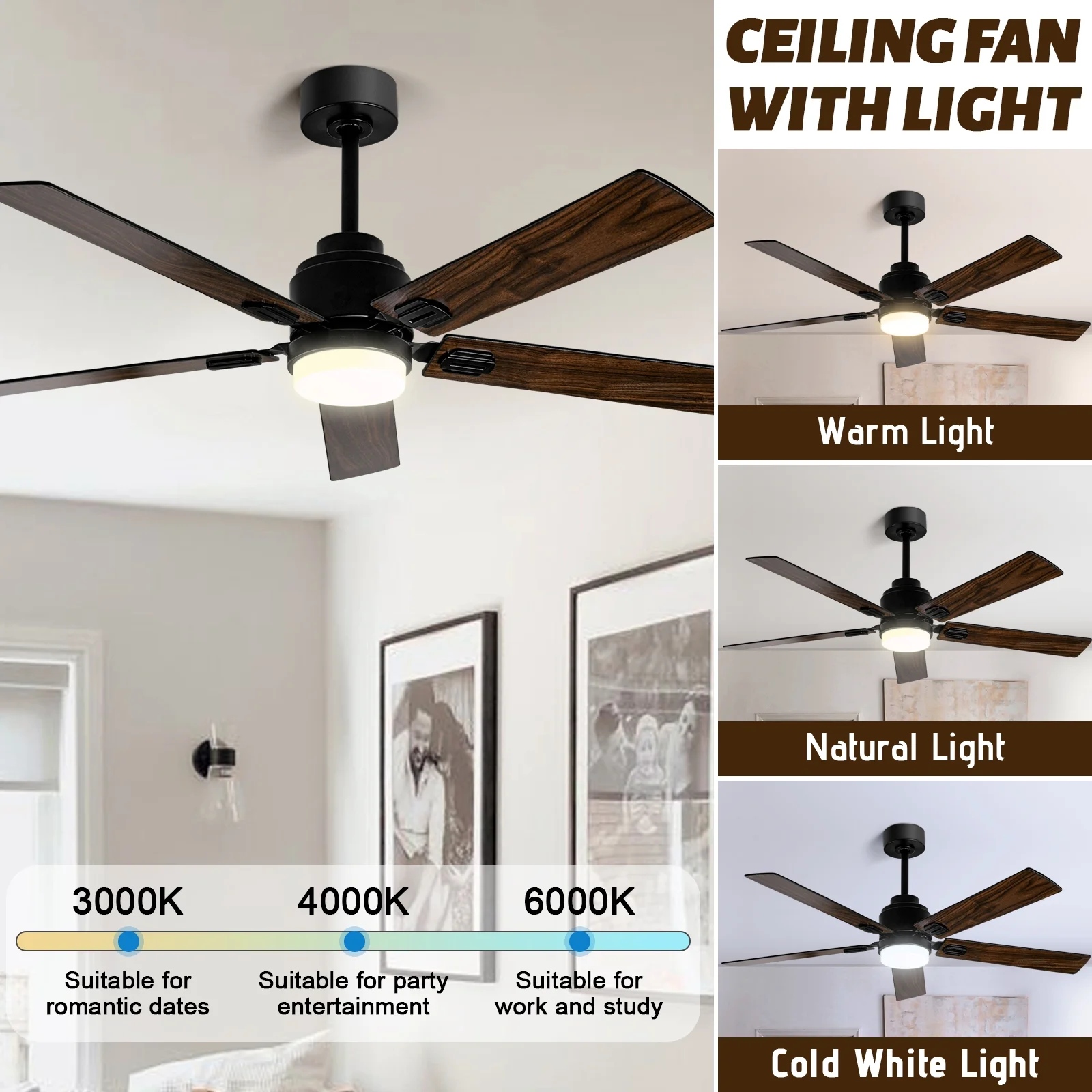 52 Inch Low Profile Ceiling Fan with Light Kit, Outdoor/Indoor Wood Ceiling Fans with Rsemote Control, 5 Speeds Reversible DC Motor, 5 Blades