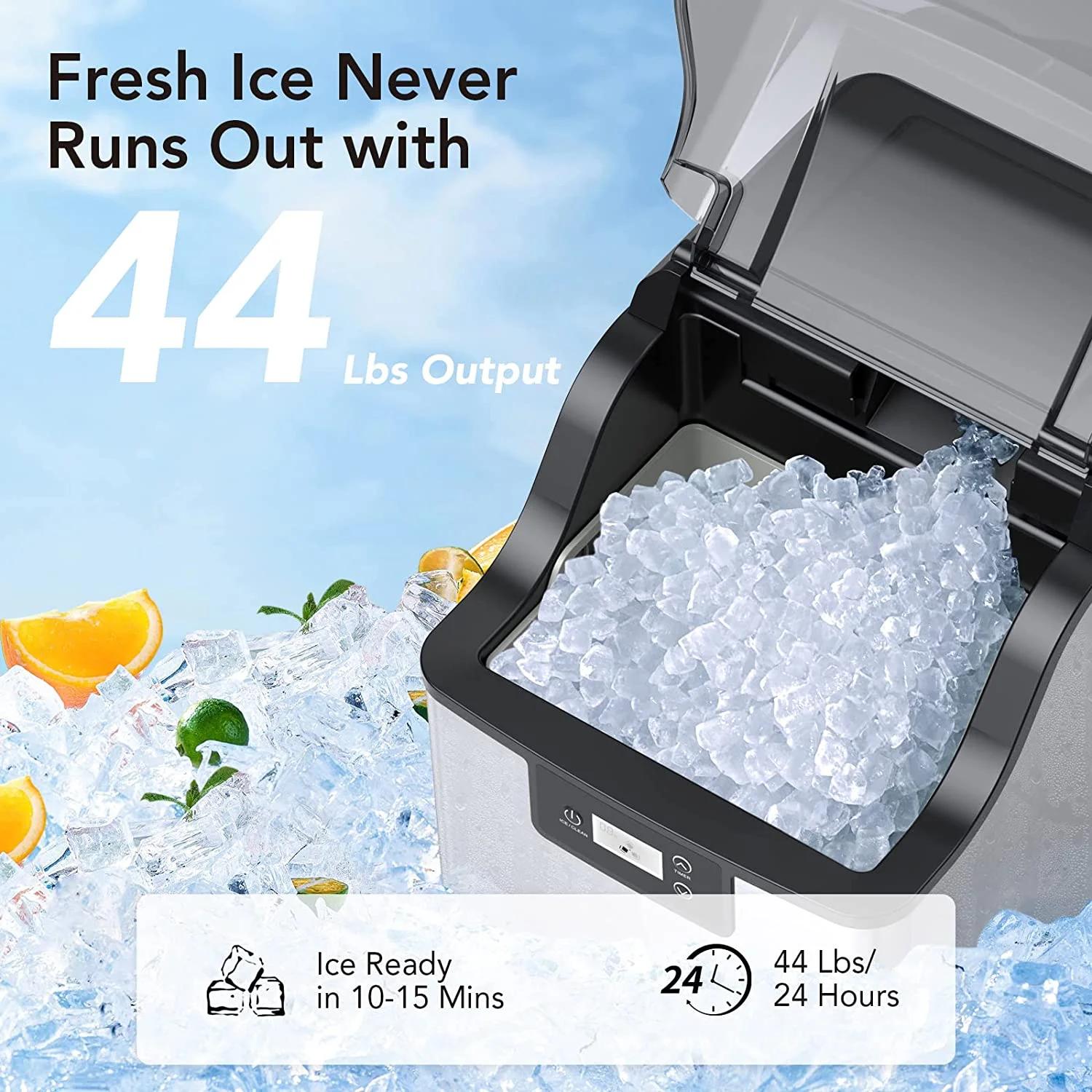 Countertop Nugget Ice Maker, 44 Lbs of Crunchy Pebble Cubes A Day, Stainless Steel Tabletop Machine with 24H Timer, Self-Cleaning, Small Portable Maker for Home, Office, Bar, Silver