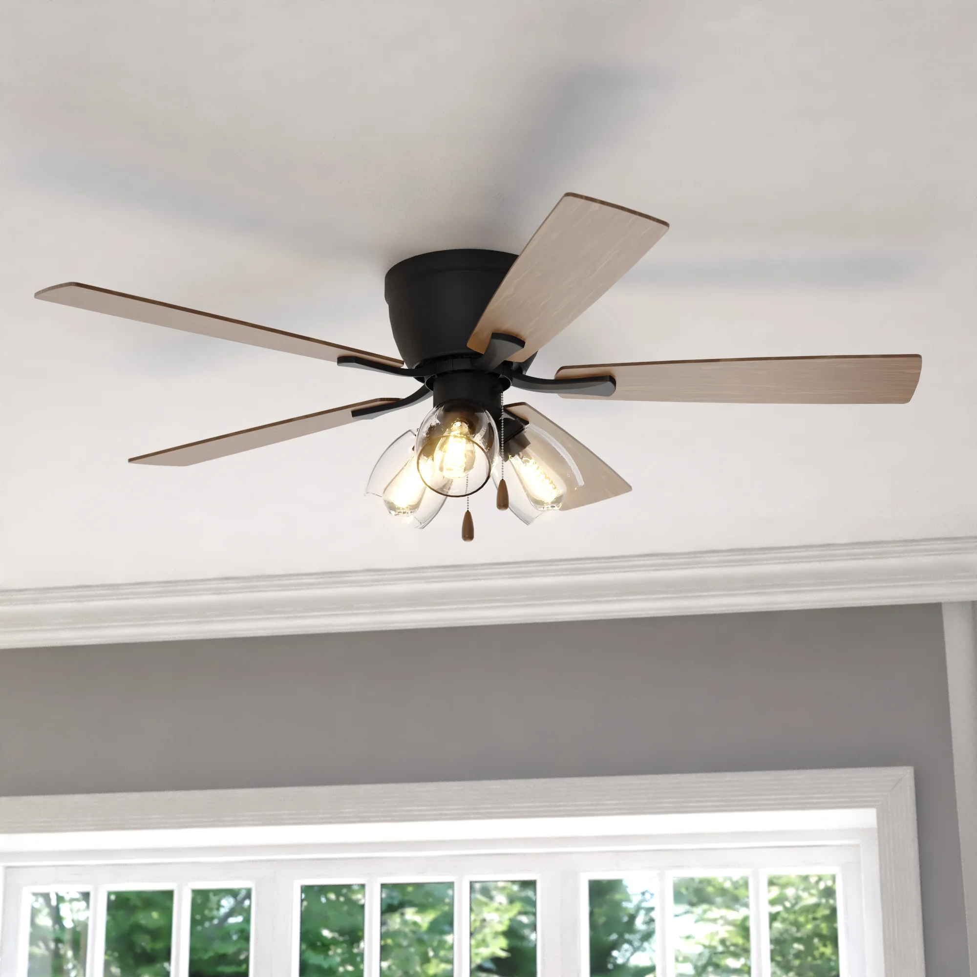Brayton Black Transitional 3-Light Flush Mount Ceiling Fan with Light Kit, Pull Chain, Reversible Blades