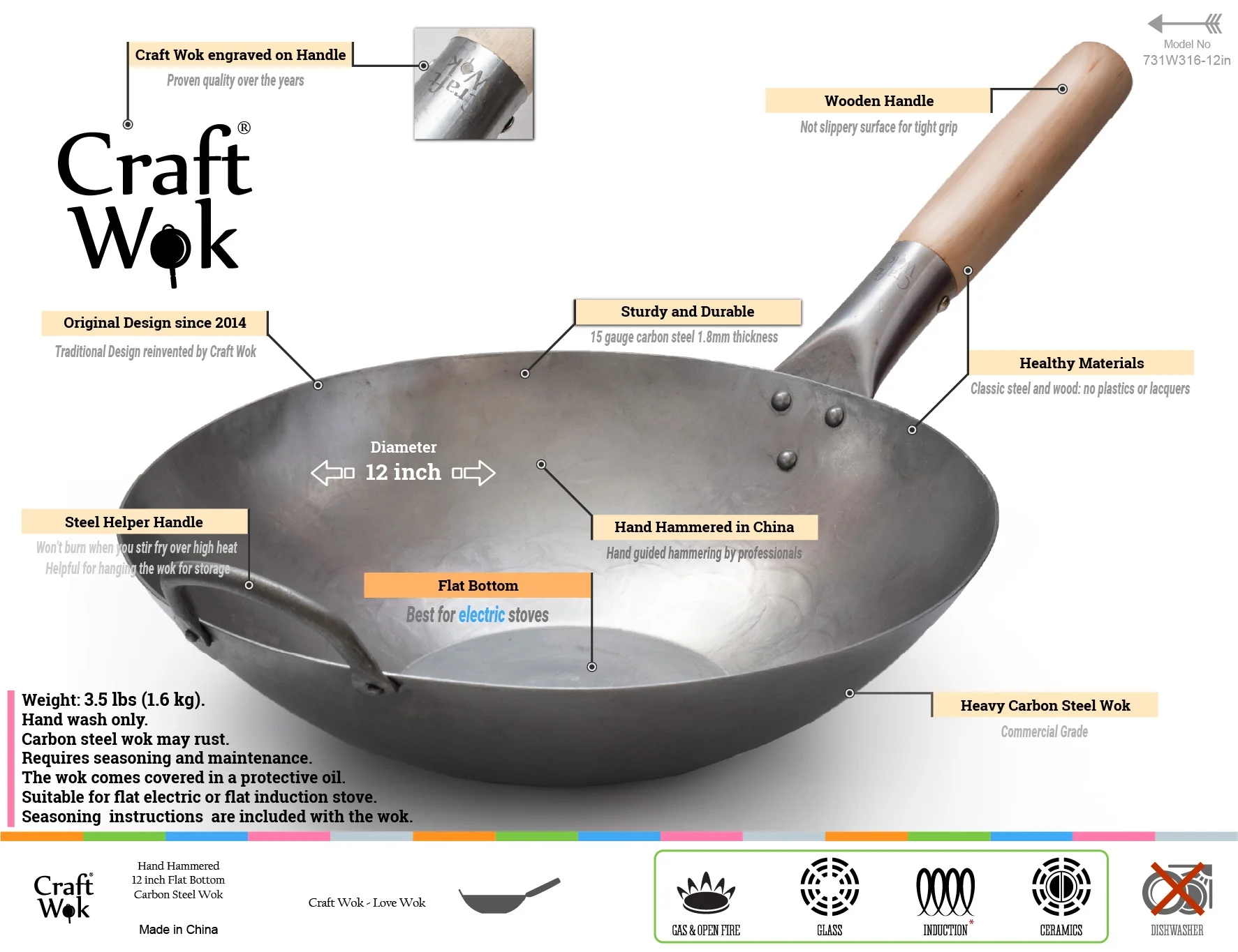 Craft Wok 12 inch Flat Bottom Hand Hammered Carbon Steel Wok / 731W316-12in