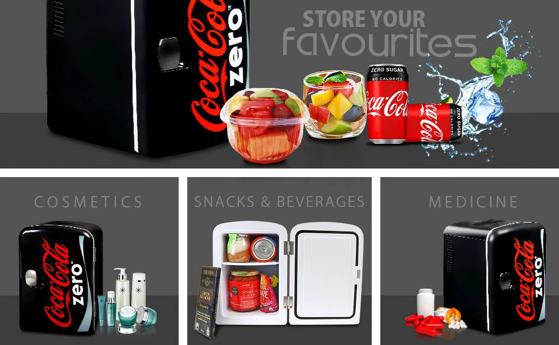 Coke Zero 6 Can Mini Fridge 4L Mini Electric Cooler Portable 12V Car Cooler Black