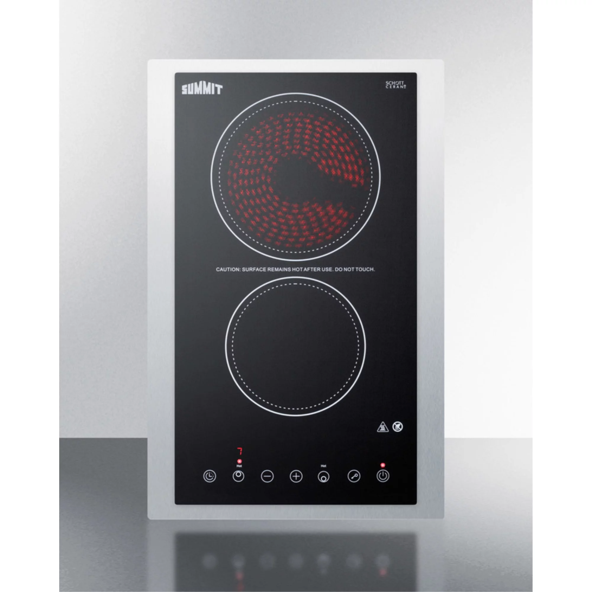 230V 2-burner cooktop in black ceramic Schott glass with digital touch controls and stainless steel frame to allow installation in 15' wide counter cutouts, 3000W