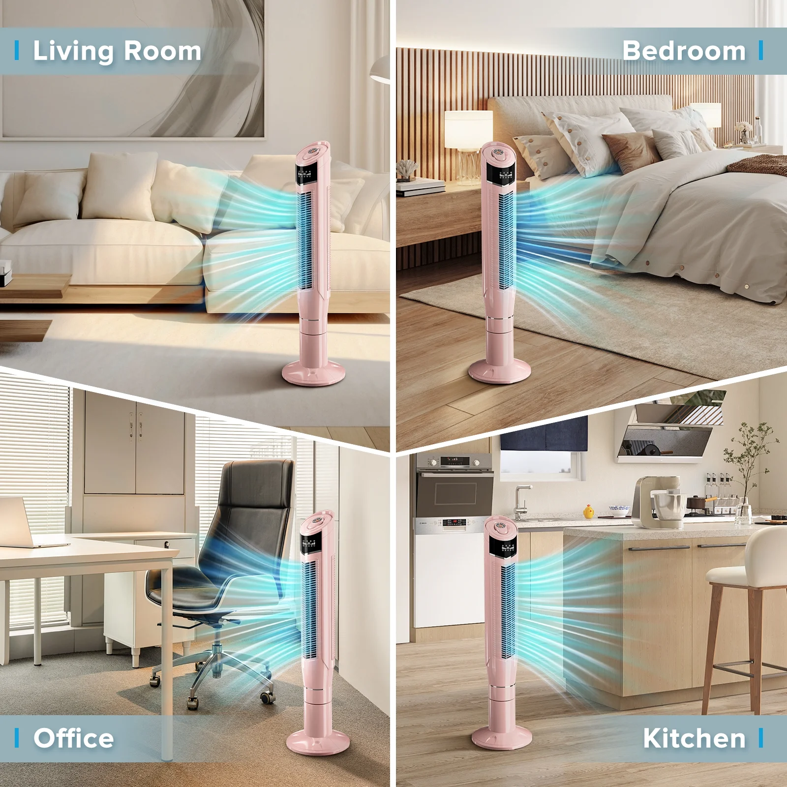 Auseo Tower Fan Oscillating Fan Quiet Cooling Remote Control Powerful Standing 3 Wind Modes Bladeless Floor Fans Portable Bladeless Height Adjust, 8 Wind Speed Bedroom Office 47-inch Pink