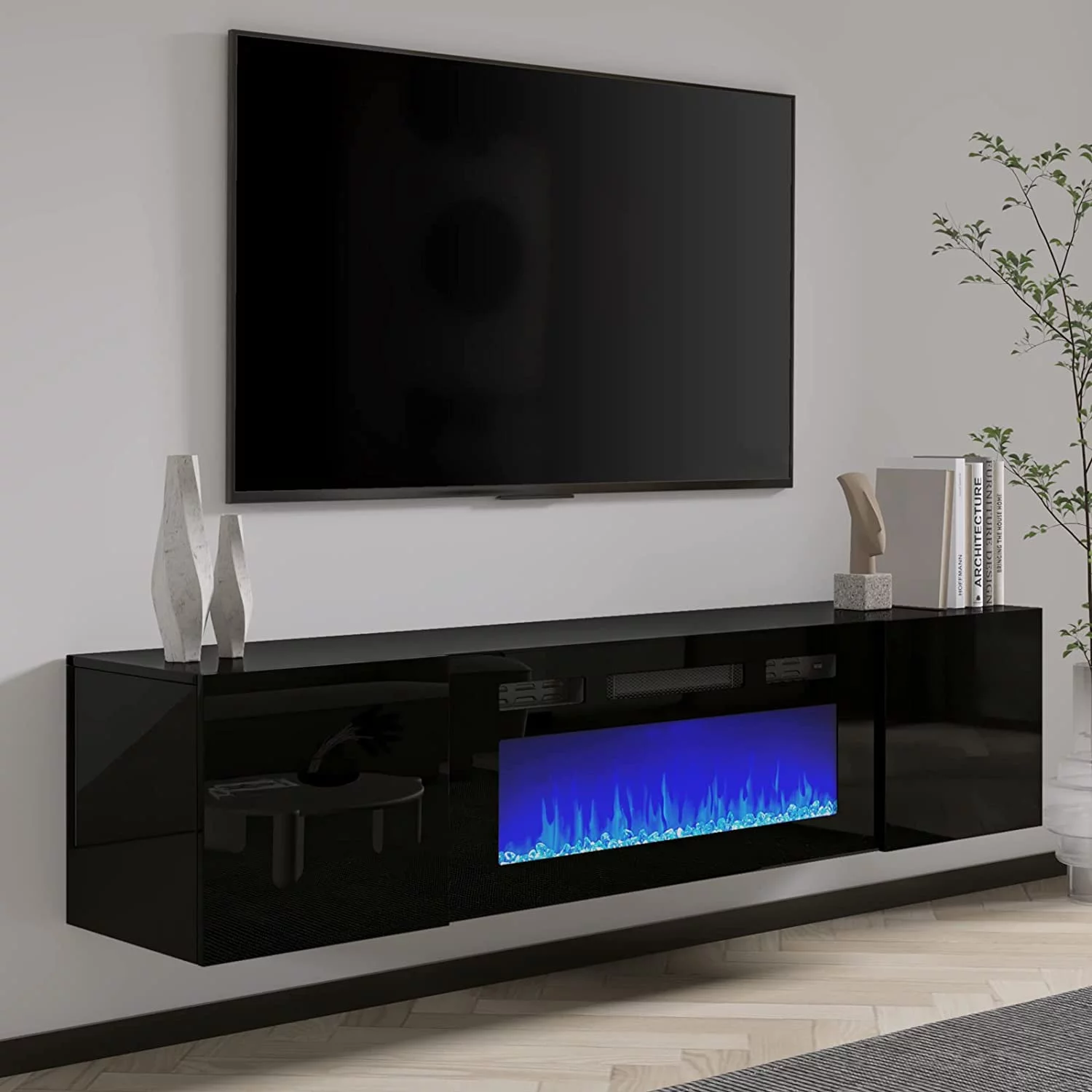 Amerlife Floating TV Stand with Electric Fireplace for TVs up to 78