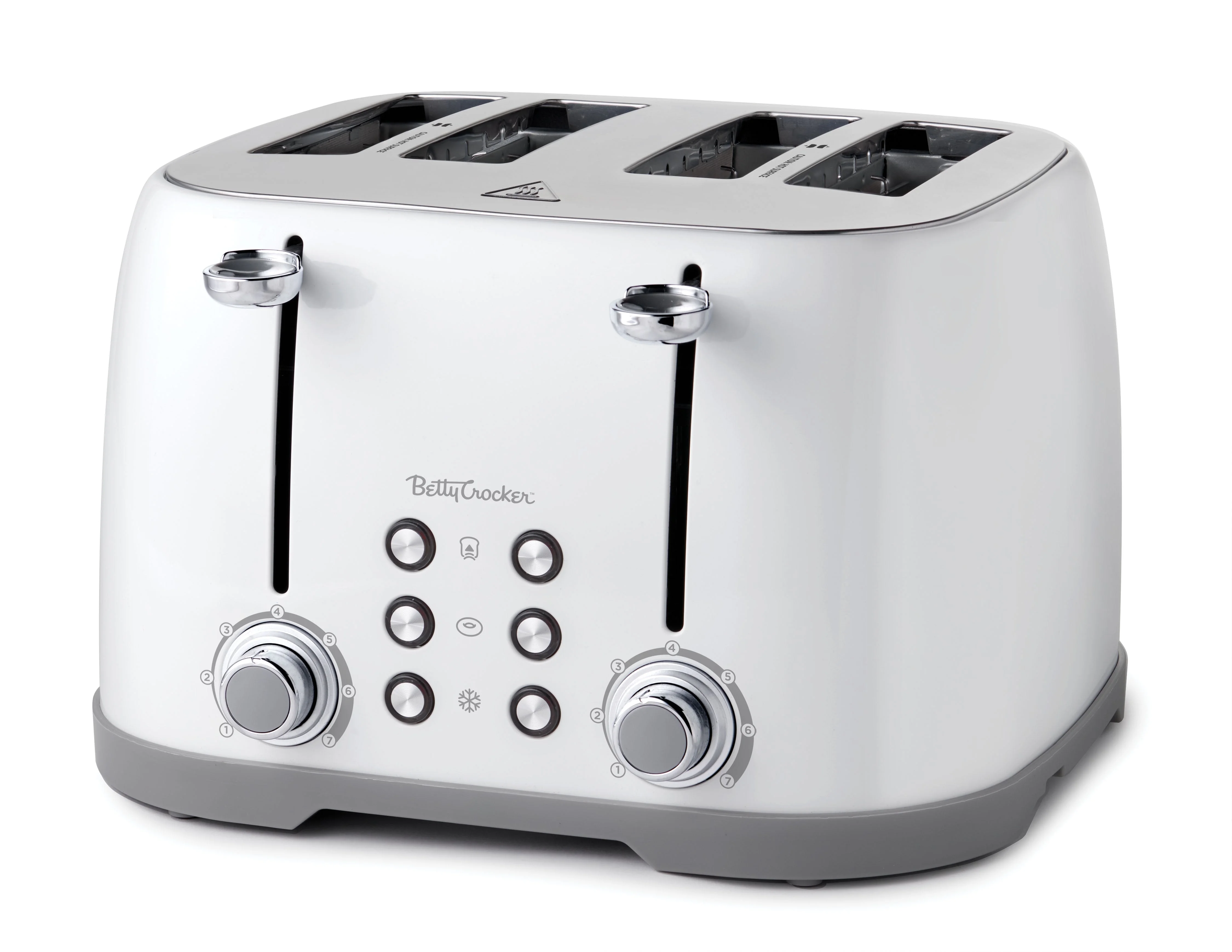 Betty Crocker 4-Slice Multi-Function Toaster, Toaster 4 Slice with Extra Wide Slots for Thick Bread, Bagel & Waffle, Toast Shade Control Dial, Slide Out Crumb Tray, Silver