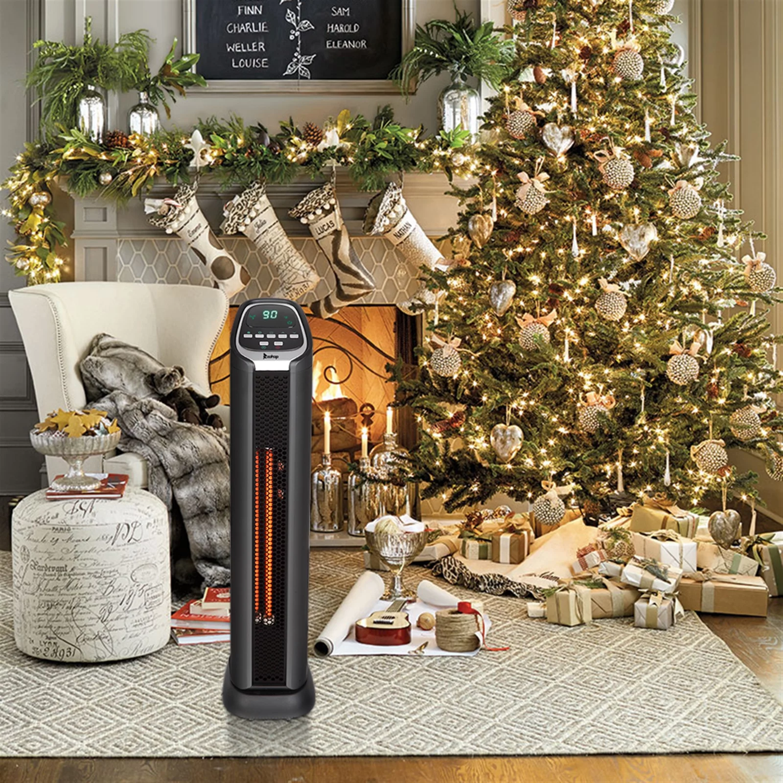 JUGTL Space Heater / Infrared Heater, 1500w Tower Heater Digital Display 2 Quartz Tubes,White