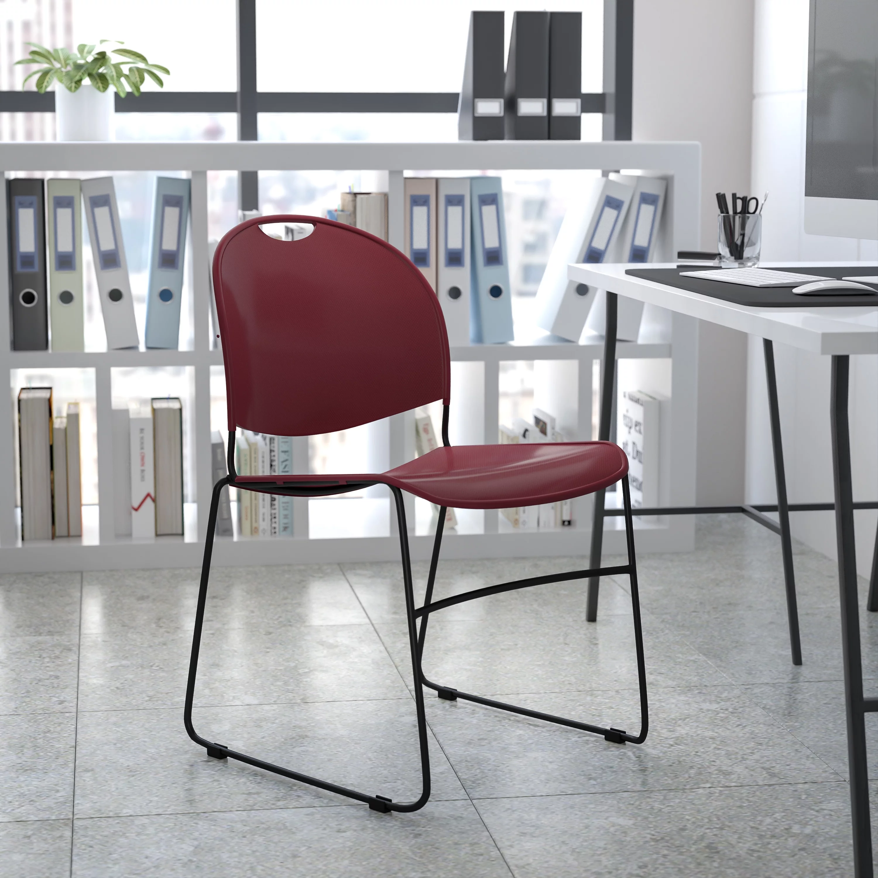 Flash Furniture HERCULES Series 880 lb. Capacity Burgundy Ultra-Compact Stack Chair with Black Powder Coated Frame