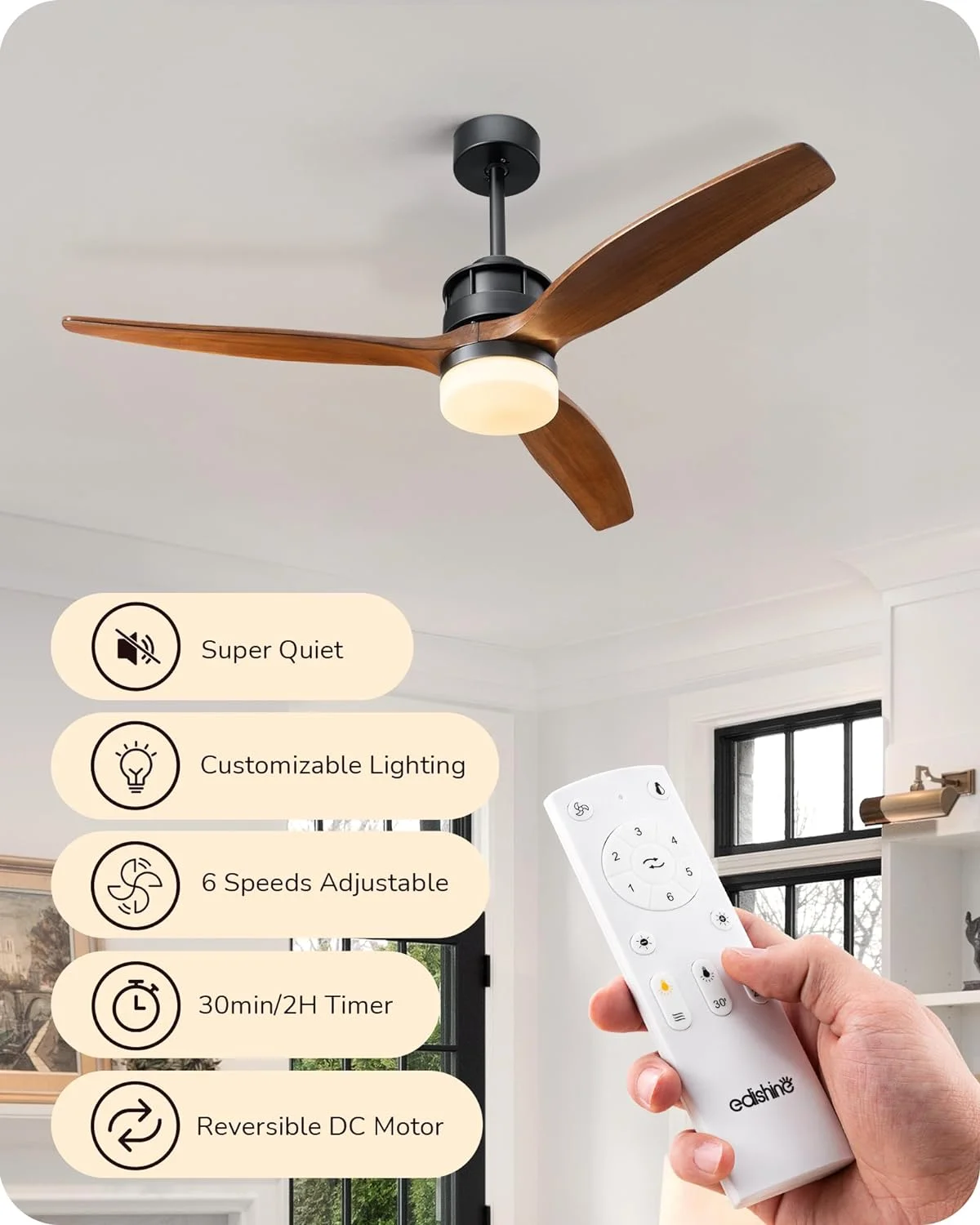 HOZO 52�� Outdoor Ceiling Fans With Lights, Modern Wet Rated Ceiling Fan with Remote, 3 CCT Dimmable LED Lights with Wood Blades, 6 Speeds Quiet Reversible DC Motor for Bedroom, Patio, Porch