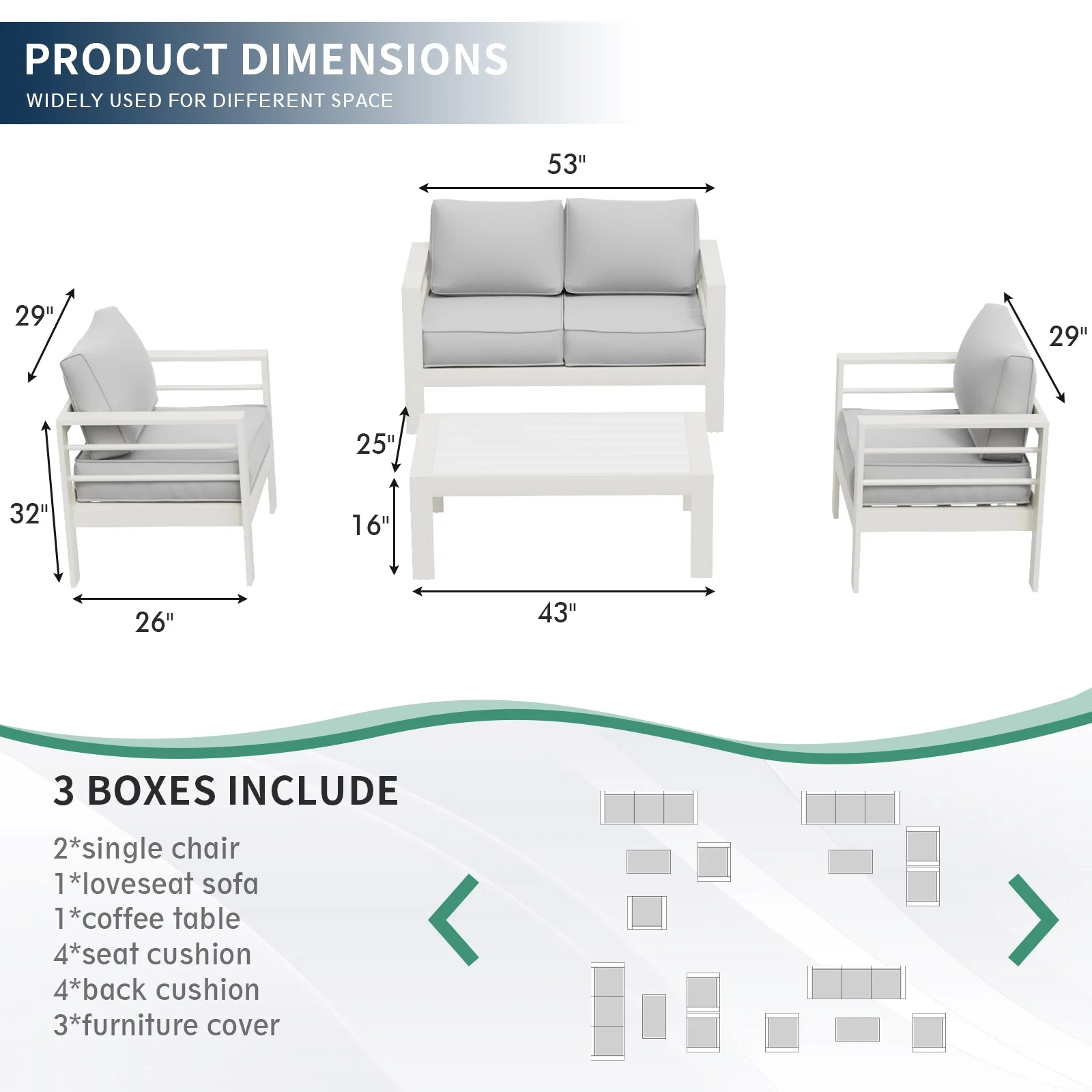 ELPOSUN Aluminum Patio Furniture Set, 5 Pcs Metal Modern Outdoor Sofa Sets, Outdoor Sectional Patio Conversation Set with Coffee Table for Backyard, Poolside, White (Included Waterproof Covers)