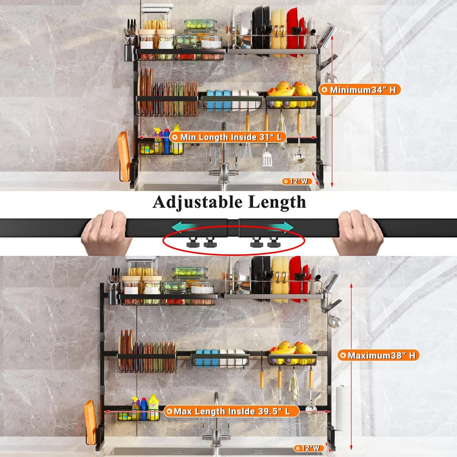 ADBIU Over Sink Dish Drying Rack (Expandable Height/Length) Snap-On Design Large Dish Drainer Stainless Steel Storage Counter Organizer 31-39.5L x 12W x 34-38H (inches)