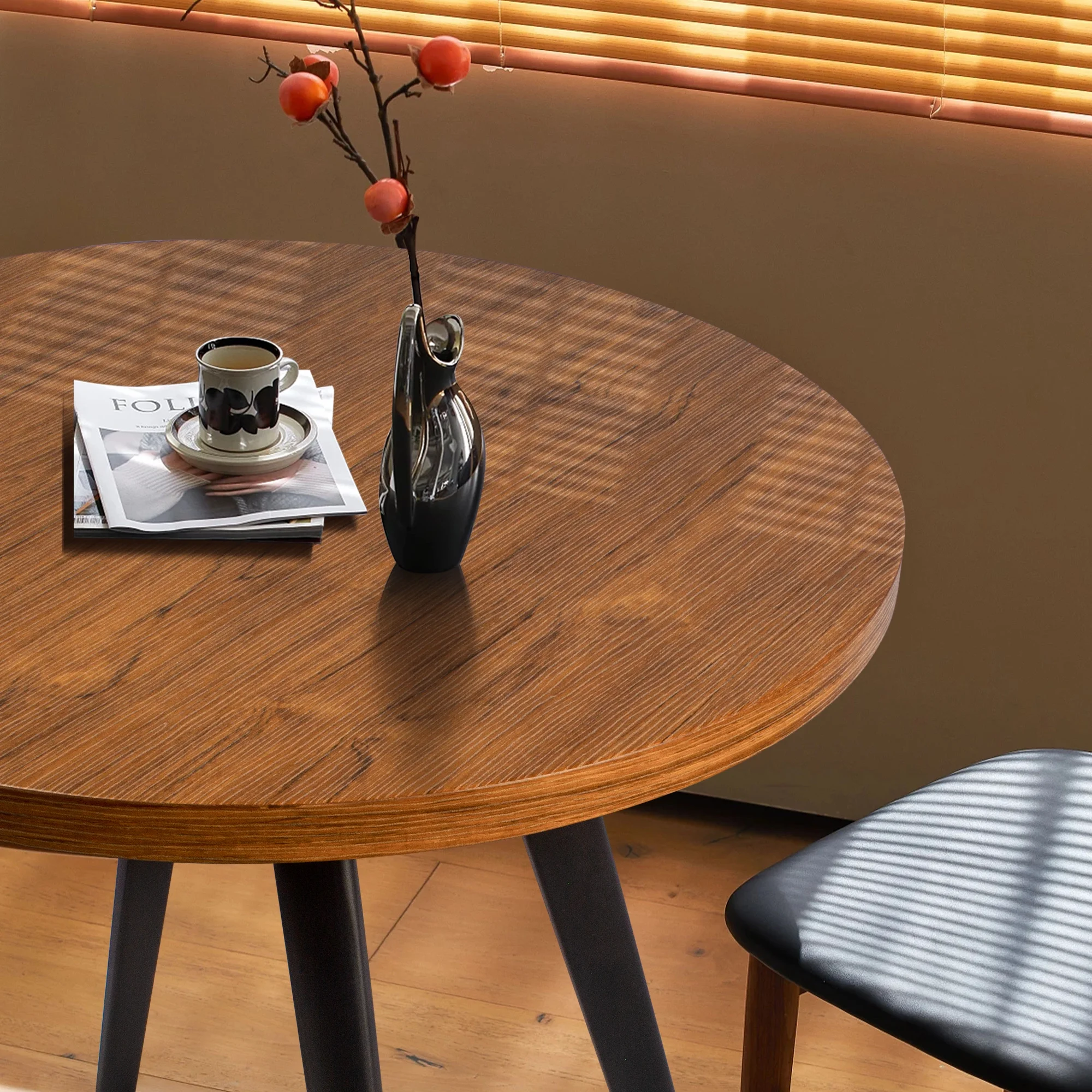 Kithkasa 31.5' Round Dining Kitchen Table, Metal Legged, 2 to 4 Persons, Wood Grain Brown