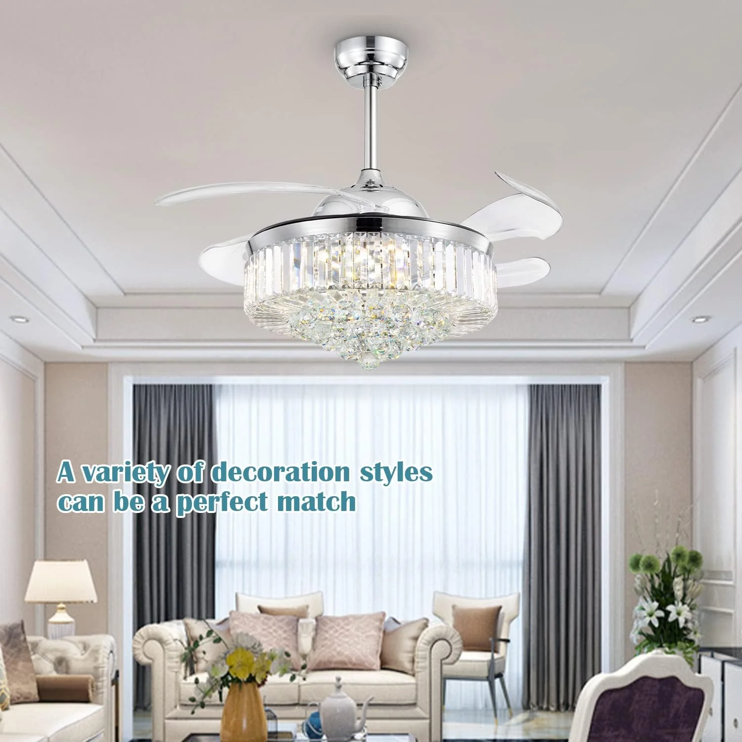 HOOMEDELIER 48' Crystal Ceiling Fan with Light, Retractable 4 Blades Chandelier Fan with Remote , Dimmable Chandelier for Indoor