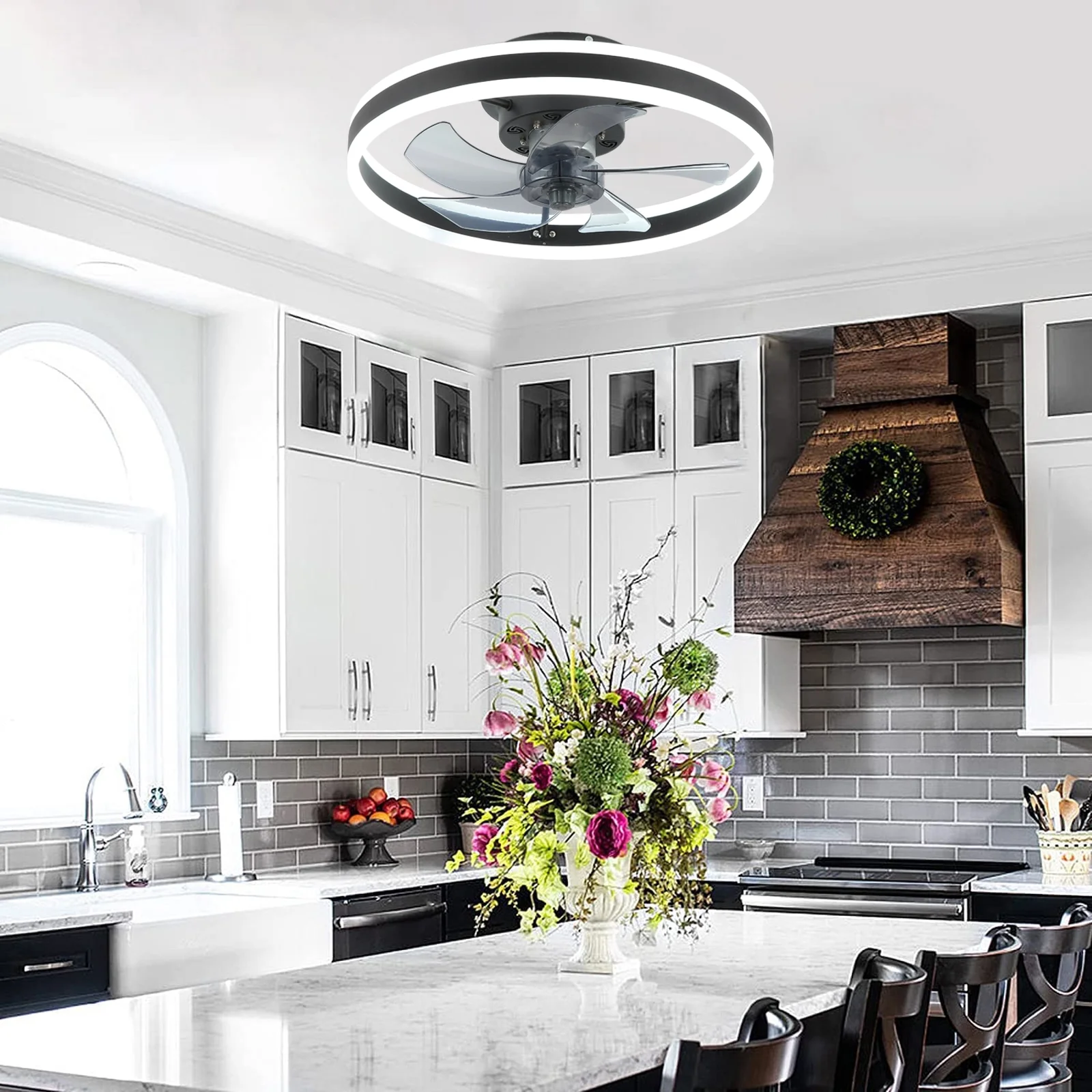 JLPAN Ceiling Fans with Lights, Low Profile Flush Mount Modern Bladeless Ceiling Fan and Remote Control, 19.7' Dimmable LED 3 Colors and 6 Speeds - Black