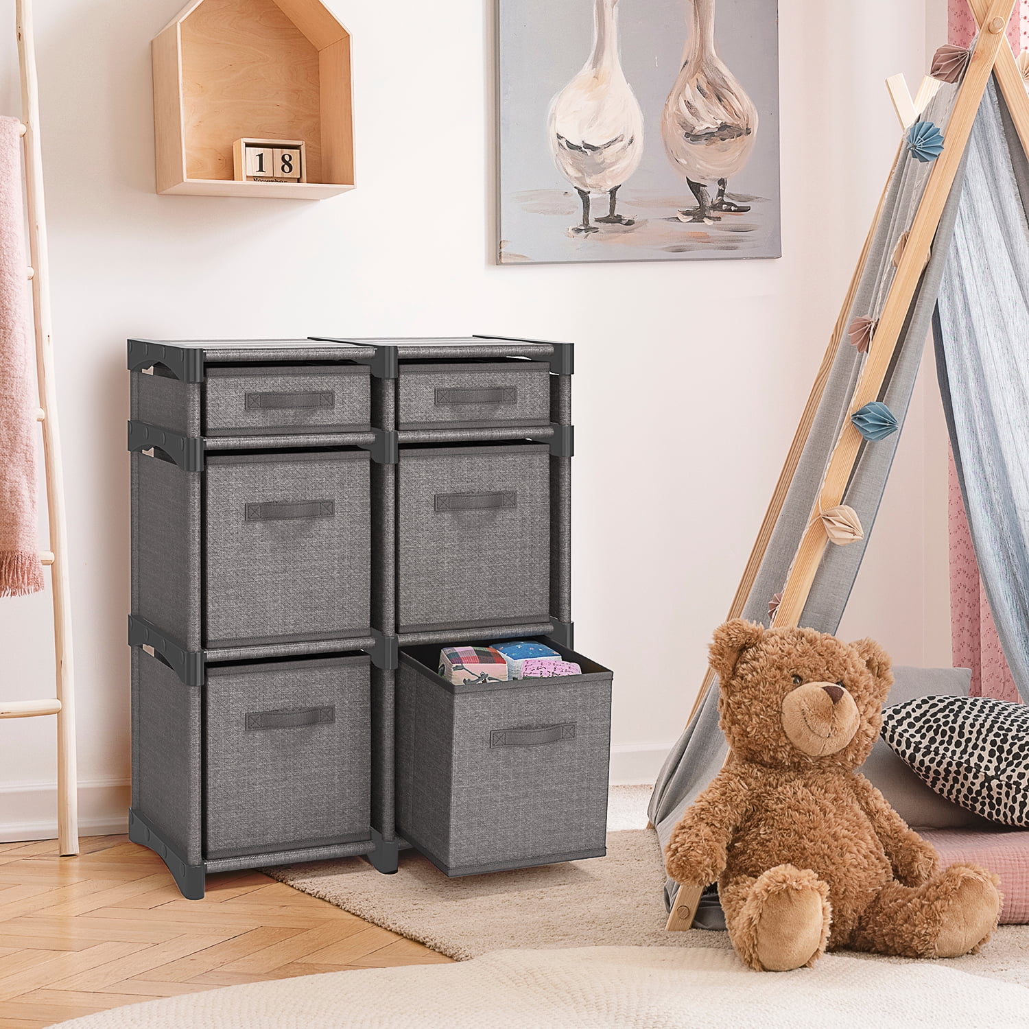 Clara Clark 6 PC Cube Storage Organizer for Bedroom - Box Storage Cuber Orgainzer - Storage Shelves Units for Living Room, Office, & Playroom - Gray
