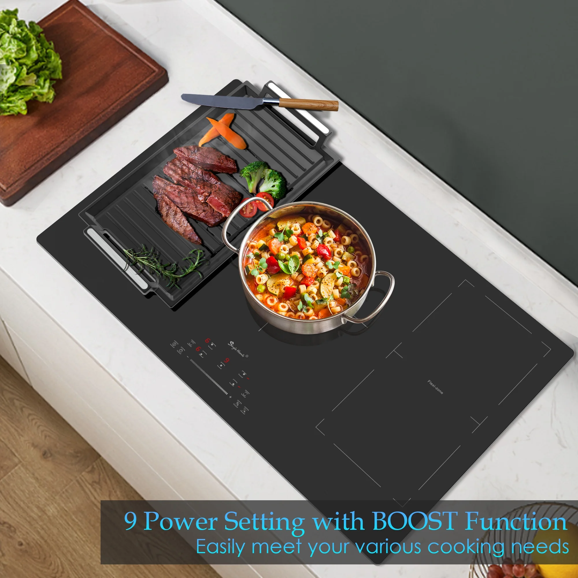36 inch Induction Cooktop 5 Burners, 220-240V Built-in Electric Cooker with Double Flexi Zone, 9000W