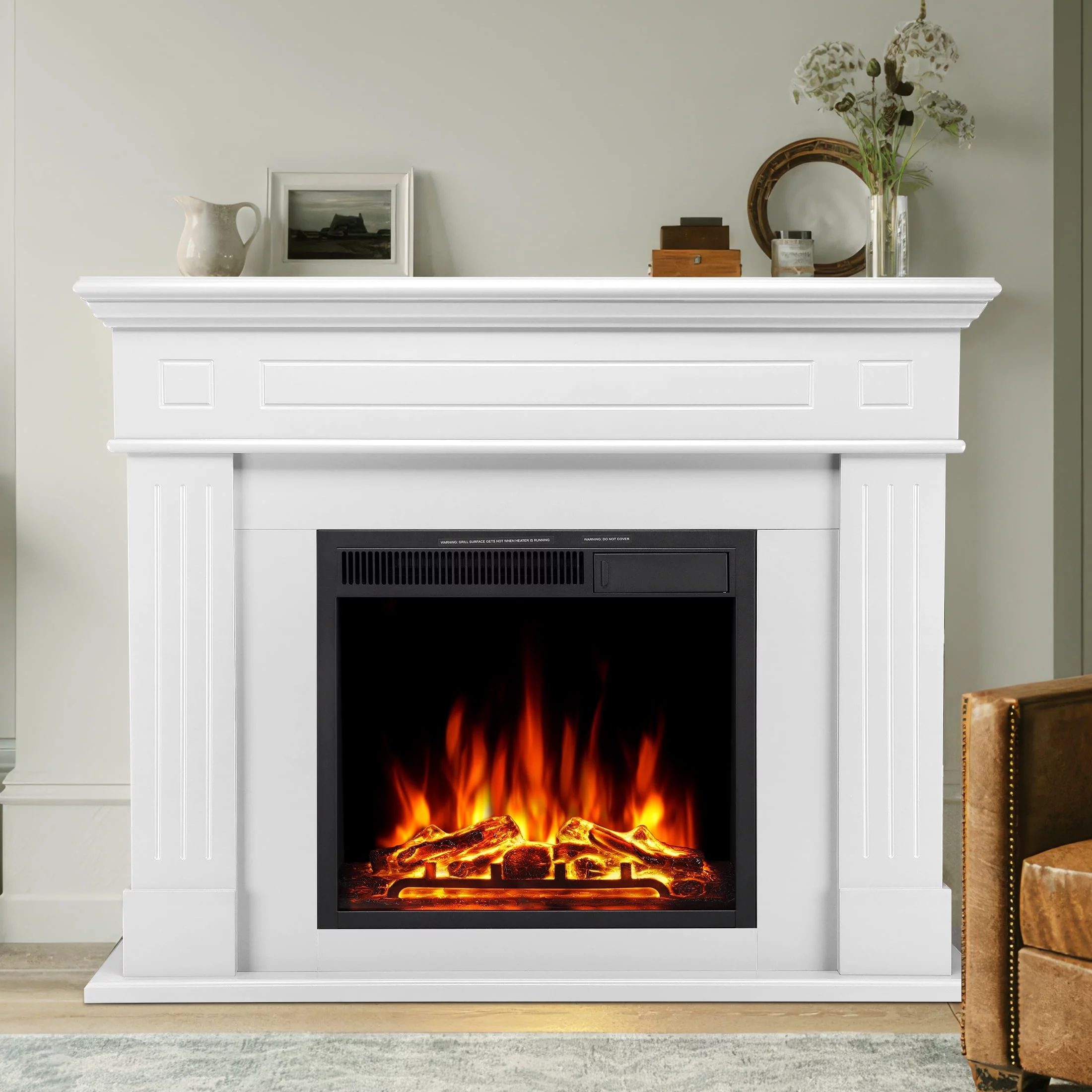 Auseo Electric Fireplace Mantel Package Wooden Surround Firebox TV Stand Free Standing Electric Fireplace Heater with Logs, Adjustable Led Flame, Remote Control for Room, 750W-1500W, Black