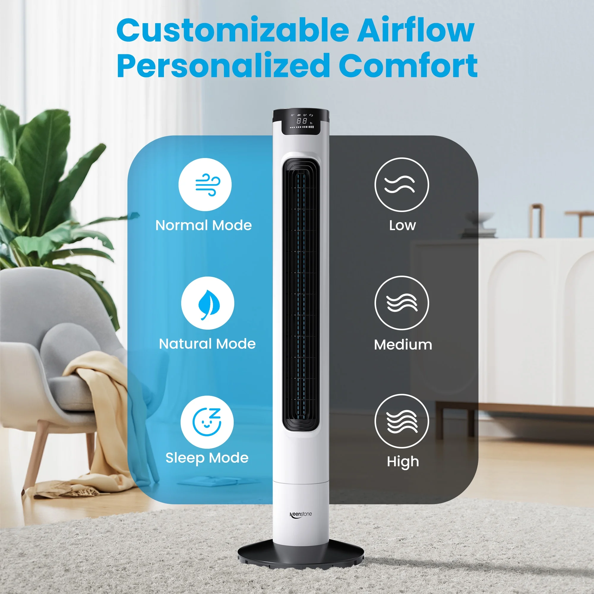 Keenstone Tower Fan for Bedroom, 38 inches Bladeless Fan with Remote Control, 75�� Oscillating Fan, Quiet Floor Fan, 3 Speeds 3 Modes, 7.5H Timer, Standing Fan for Home Living Room Office - White